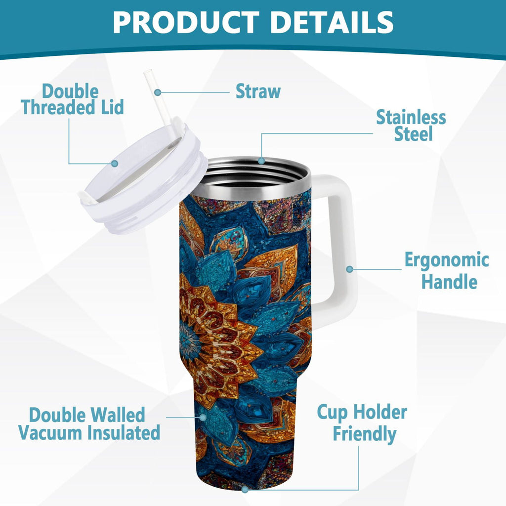 40 oz Insulated Stainless Steel Tumbler Double Wall Stainless Steel Tumbler with 2-Way Drinking Intricate Geometric Shapes M518A