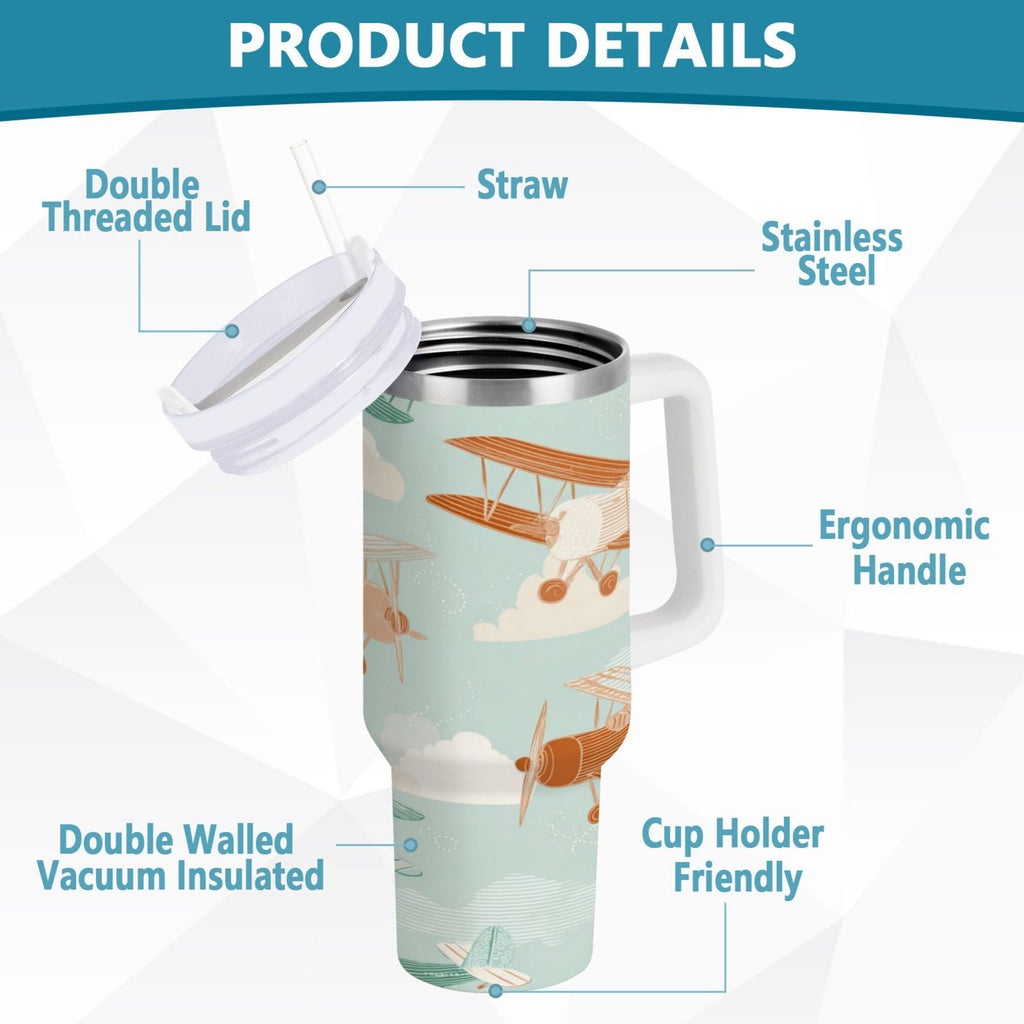 40 oz Insulated Stainless Steel Tumbler Double Wall Stainless Steel Tumbler with 2-Way Drinking Cute Airplanes M647B