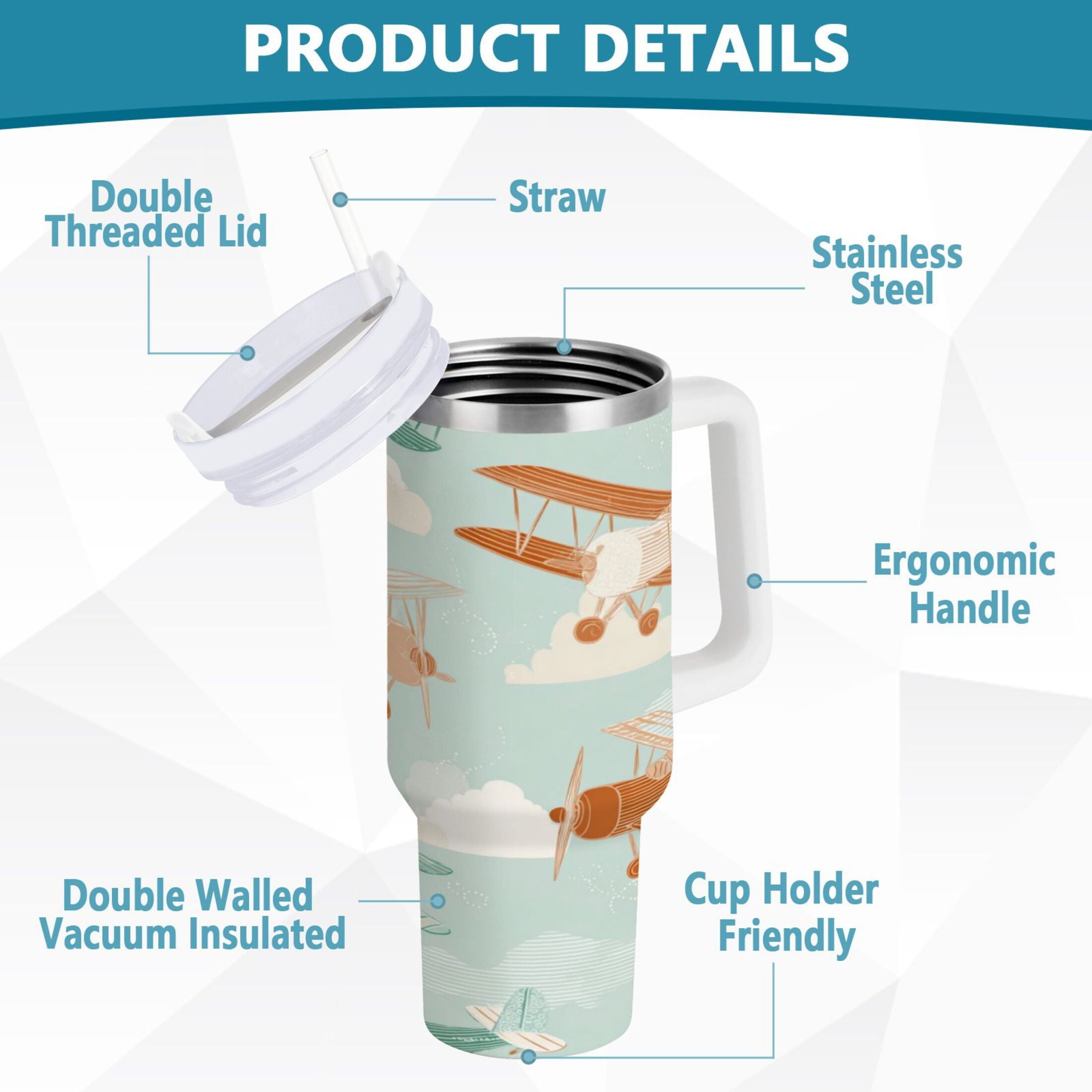 40 oz Insulated Stainless Steel Tumbler Double Wall Stainless Steel Tumbler with 2-Way Drinking Cute Airplanes M647B