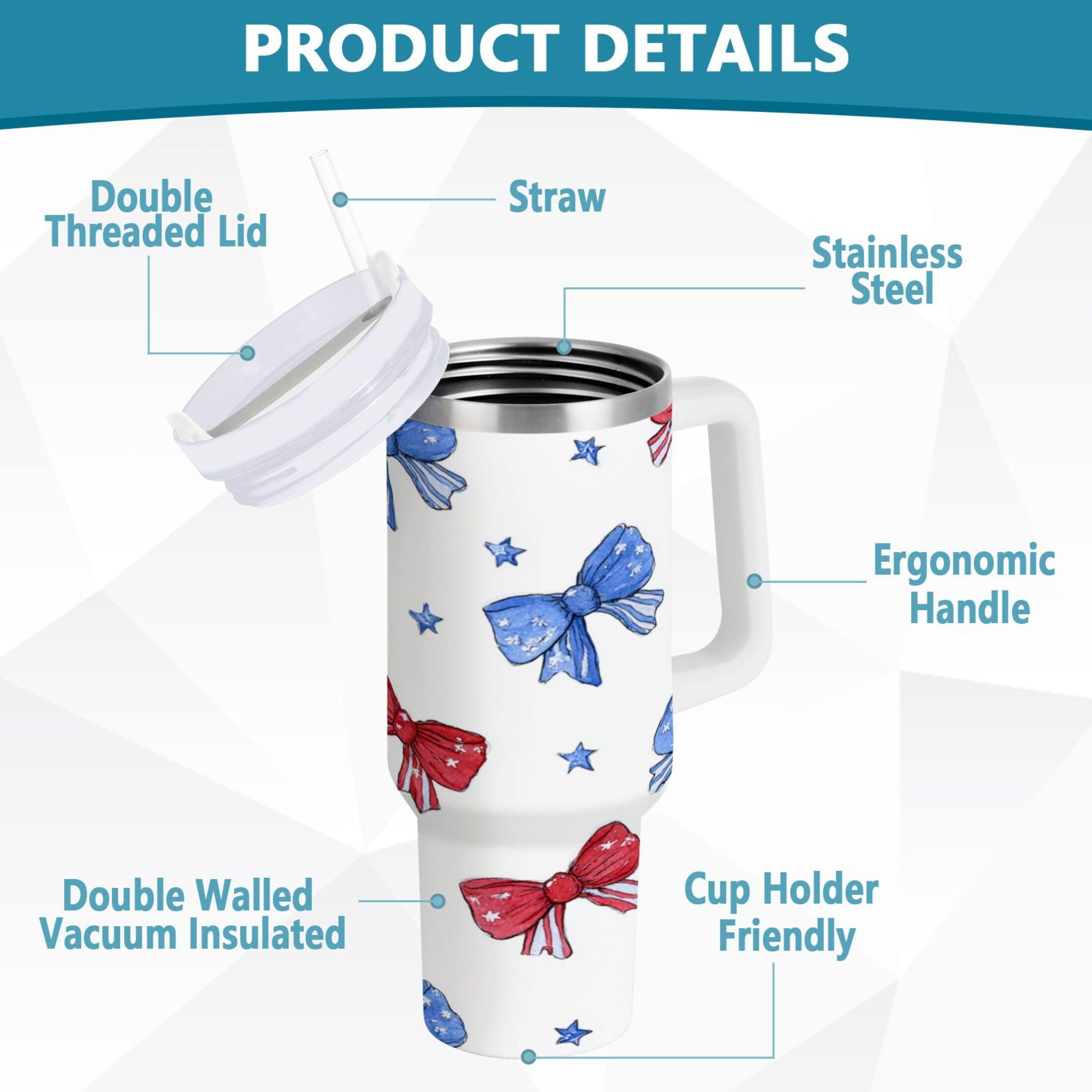 40 oz Insulated Stainless Steel Tumbler Double Wall Stainless Steel Tumbler with 2-Way Drinking Hand-drawn Bows M587T