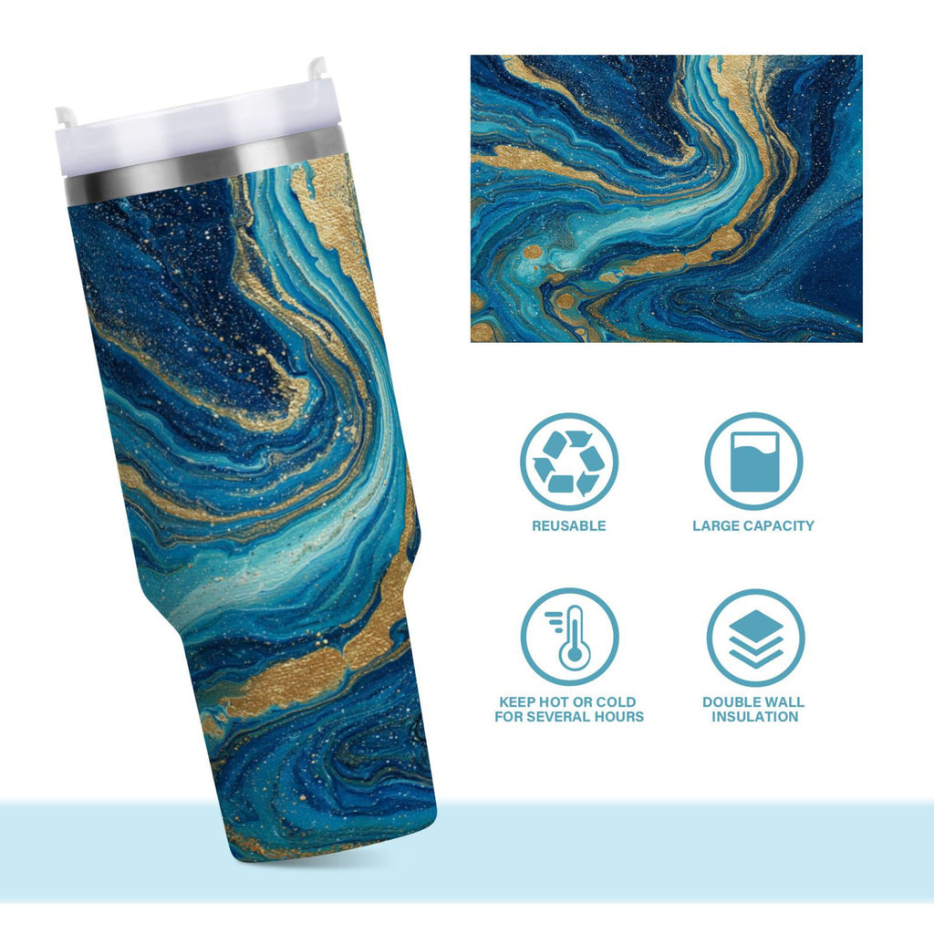 30 oz Insulated Stainless Steel Tumbler Double Wall Stainless Steel Tumbler with 2-Way Drinking Blue and Gold Ocean M507N