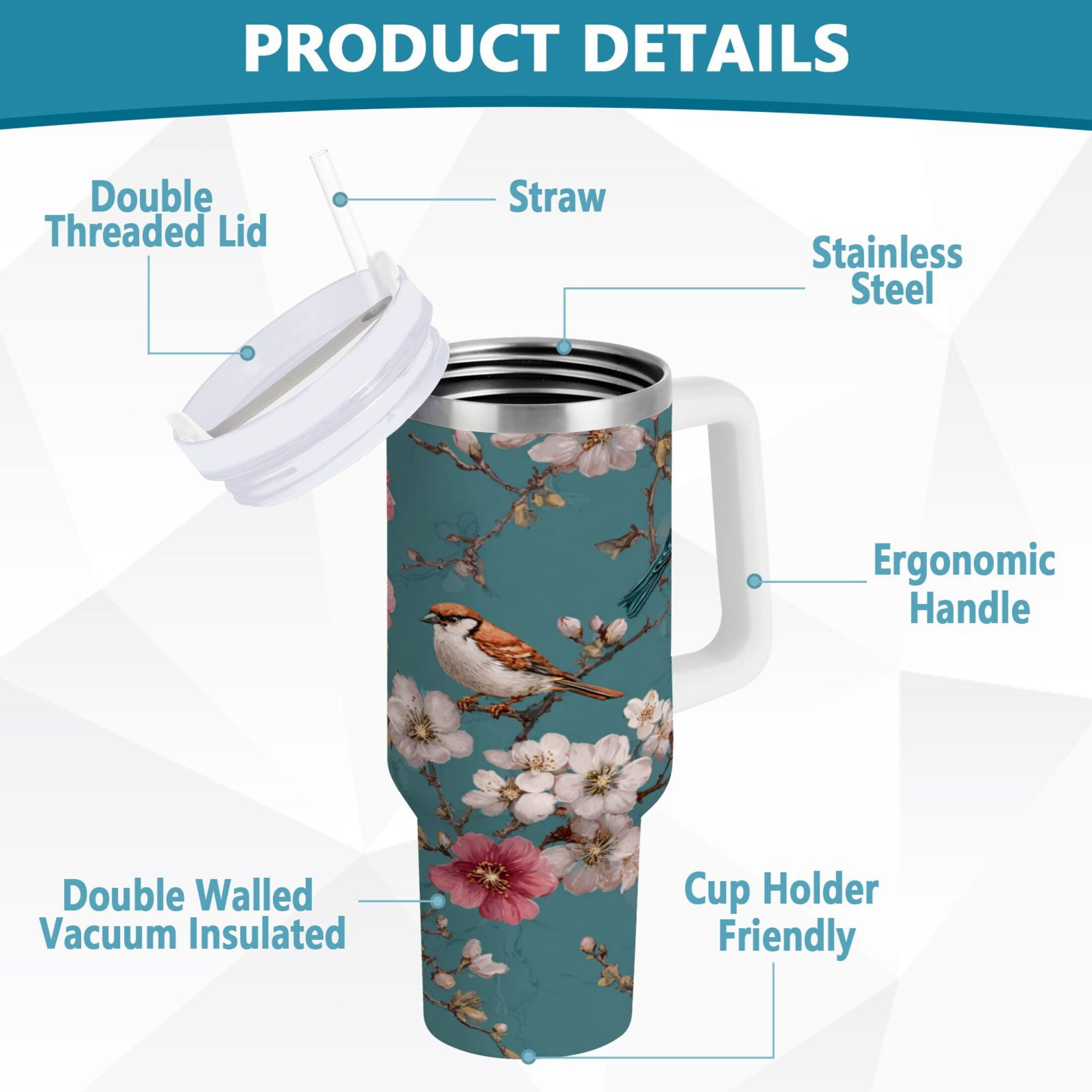 30 oz Insulated Stainless Steel Tumbler Double Wall Stainless Steel Tumbler with 2-Way Drinking Birds and Cherry Pattern M537H