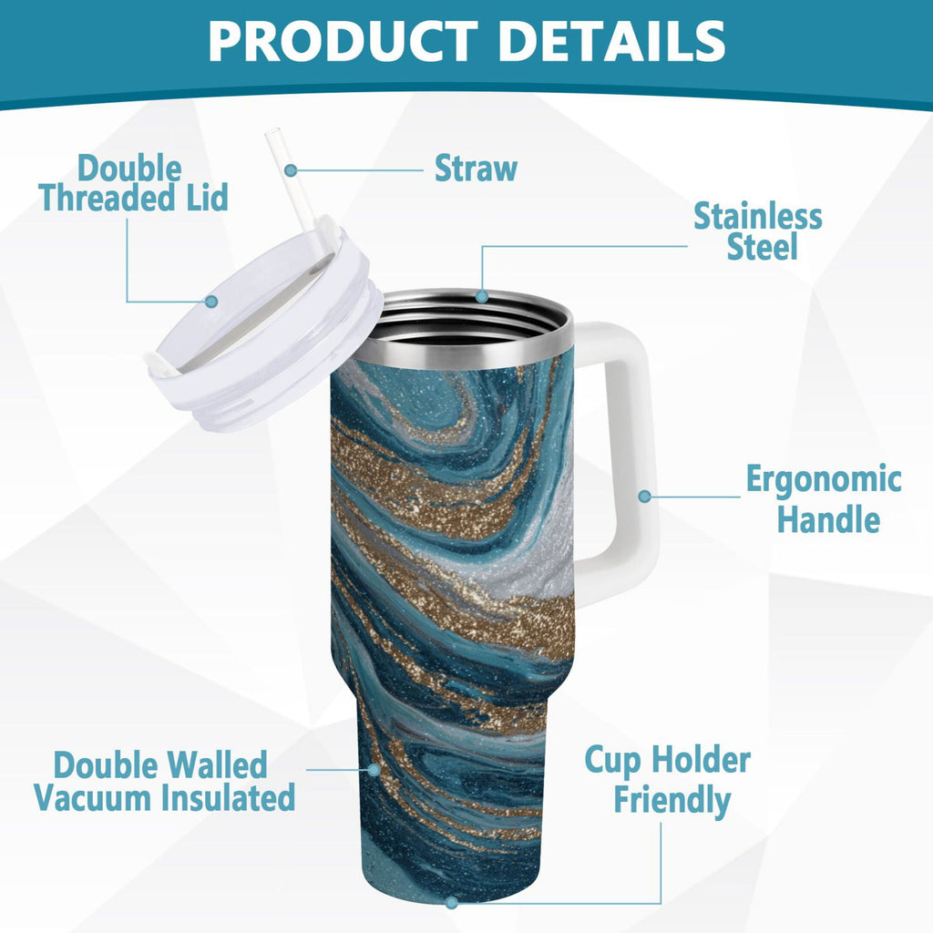 30 oz Insulated Stainless Steel Tumbler Double Wall Stainless Steel Tumbler with 2-Way Drinking Blue and Gold Swirling M497T