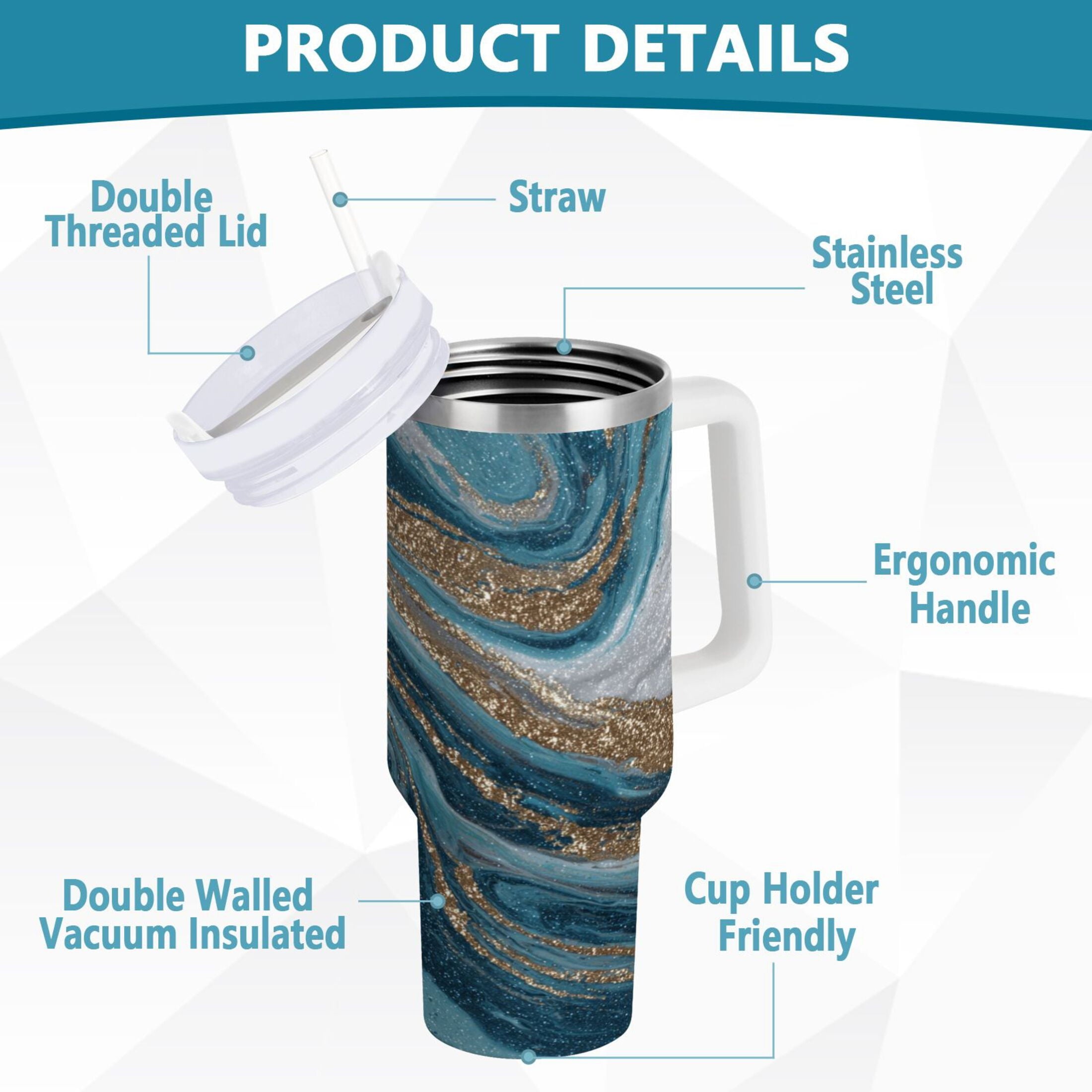 30 oz Insulated Stainless Steel Tumbler Double Wall Stainless Steel Tumbler with 2-Way Drinking Blue and Gold Swirling M497T