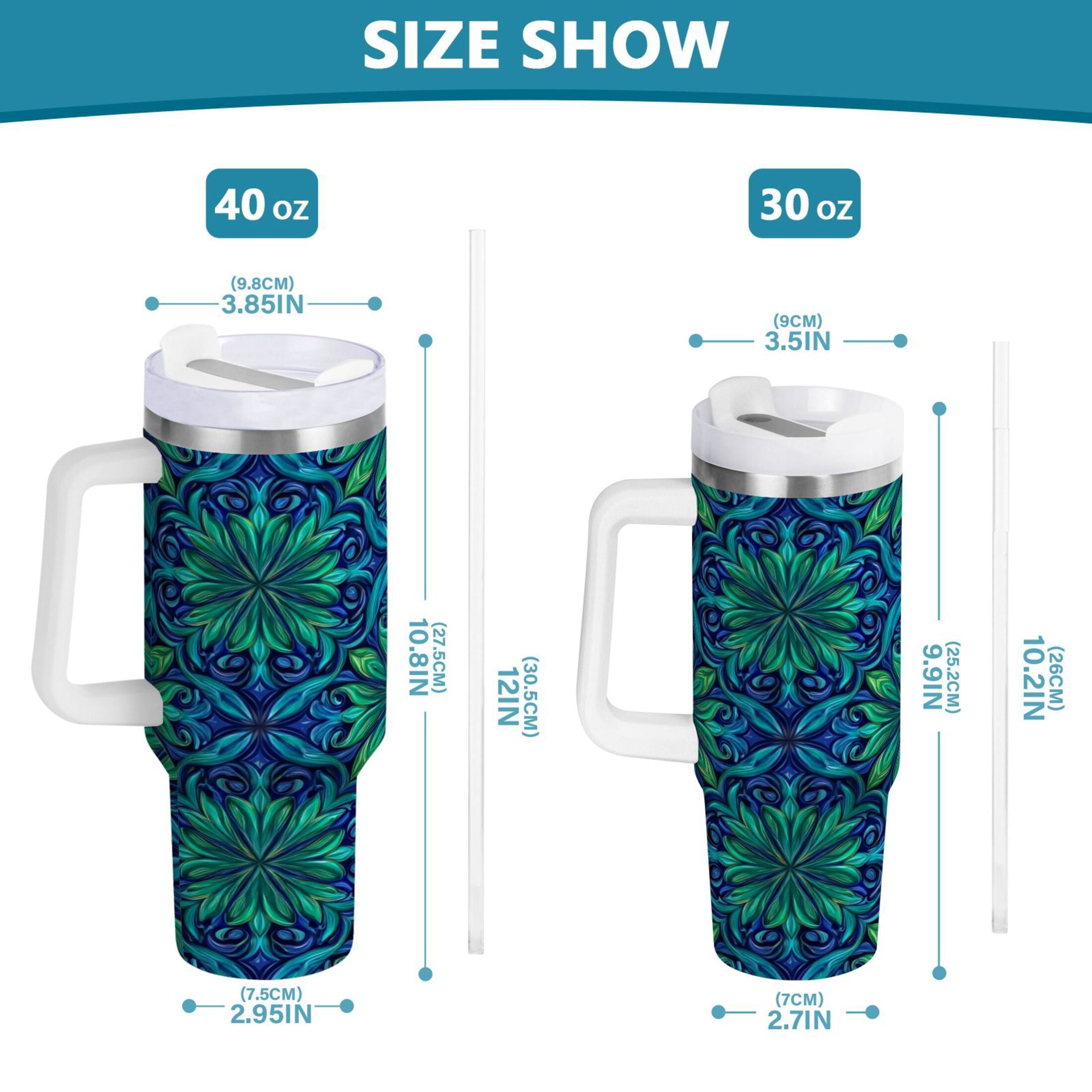 40 oz Insulated Stainless Steel Tumbler Double Wall Stainless Steel Tumbler with 2-Way Drinking Elegant Blue Traditional Patterns M603U