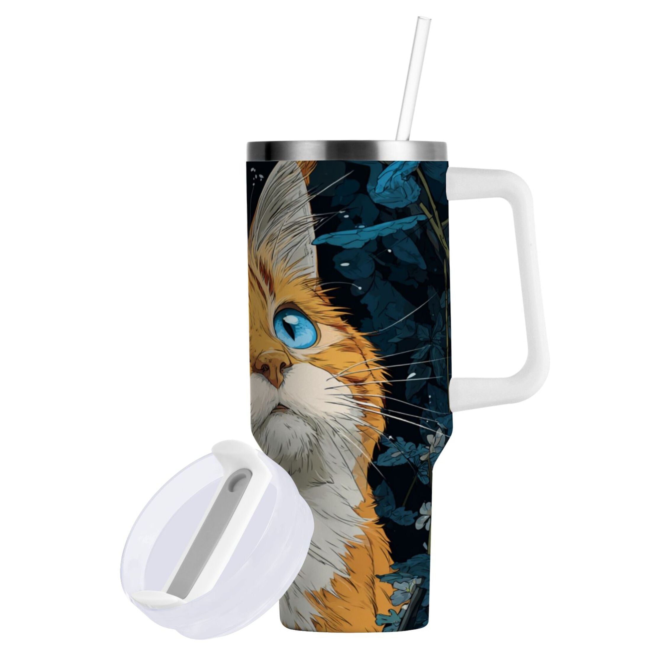 30 oz Insulated Stainless Steel Tumbler Double Wall Stainless Steel Tumbler with 2-Way Drinking Orange Cat with Blue Eyes M585S
