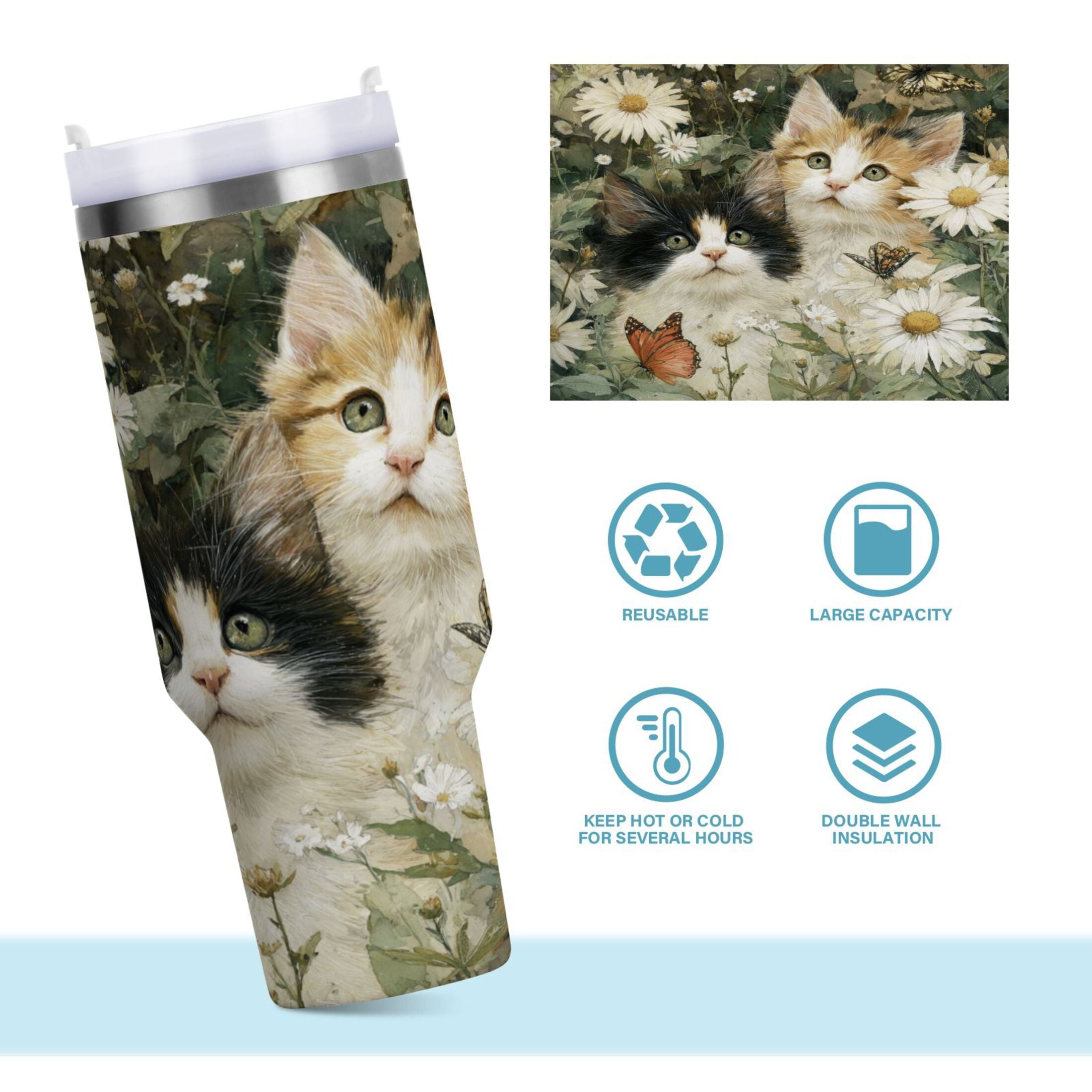 30 oz Insulated Stainless Steel Tumbler Double Wall Stainless Steel Tumbler with 2-Way Drinking Adorable Cats and Daisies M602D