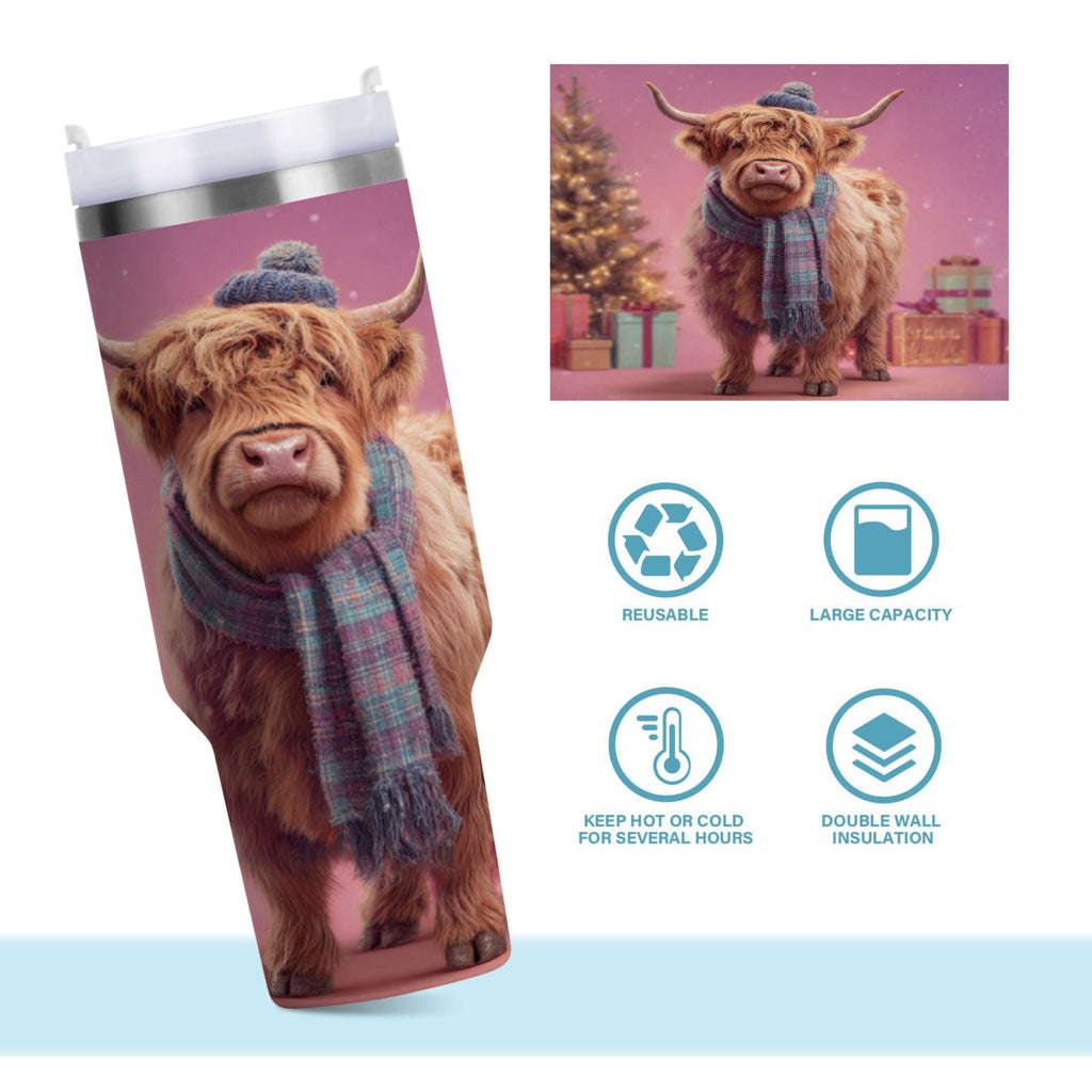 30 oz Insulated Stainless Steel Tumbler Double Wall Stainless Steel Tumbler with 2-Way Drinking Cow Wearing Christmas M626P