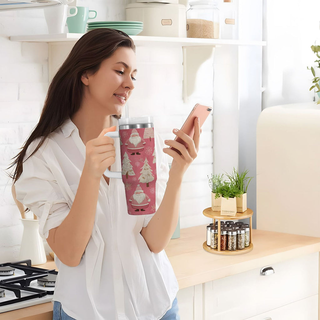 40 oz Insulated Stainless Steel Tumbler Double Wall Stainless Steel Tumbler with 2-Way Drinking Pink Santa Claus Pattern M527N