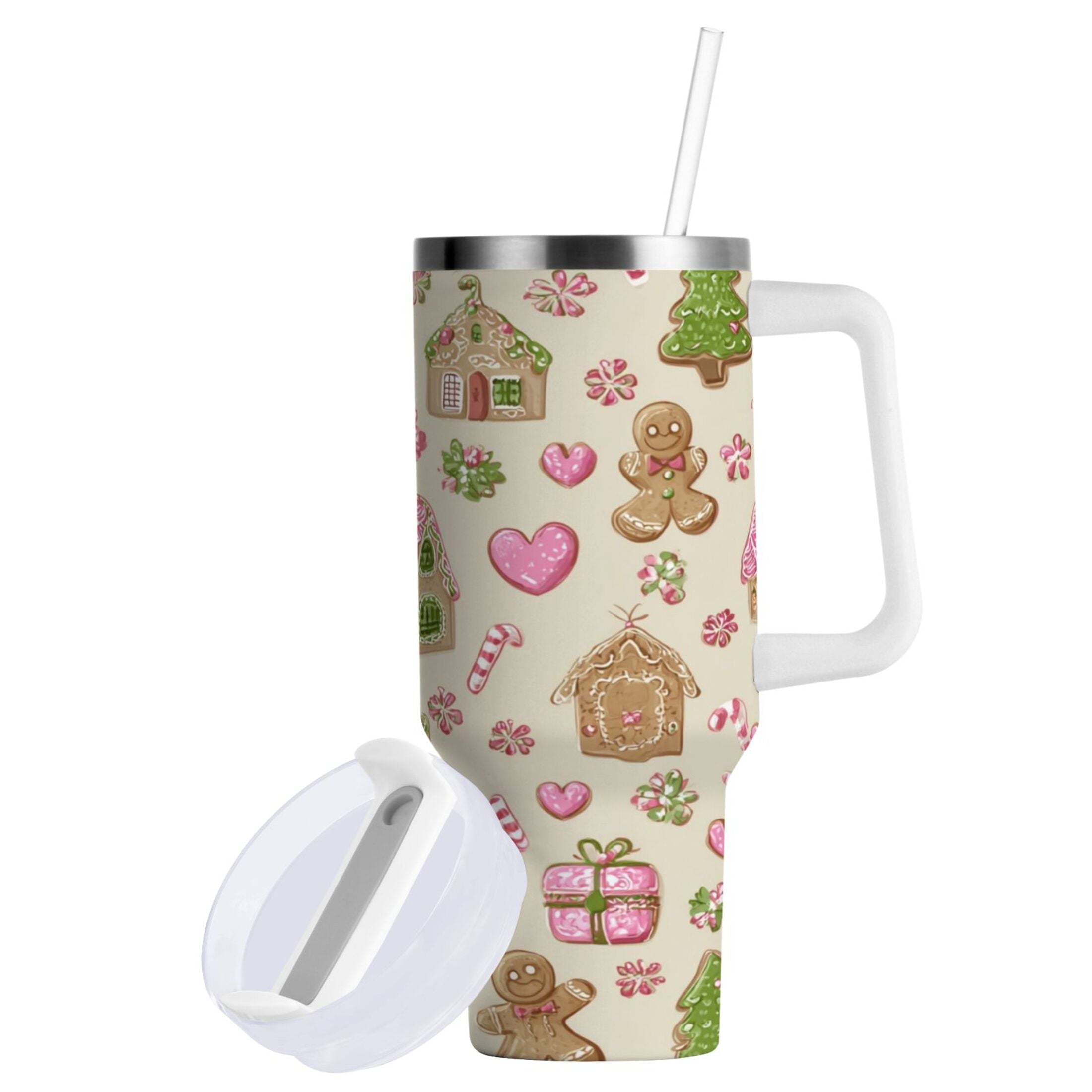 40 oz Insulated Stainless Steel Tumbler Double Wall Stainless Steel Tumbler with 2-Way Drinking Pink Cute Christmas Pattern M564U