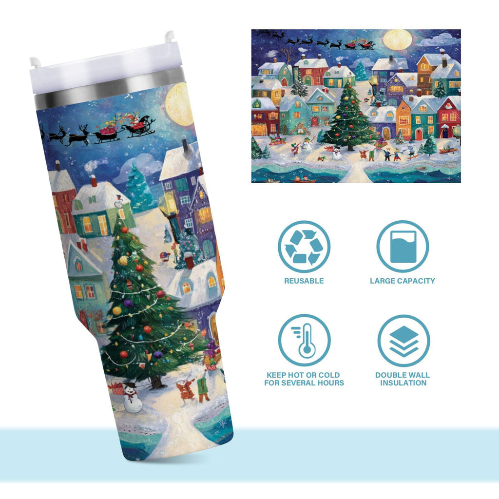 30 oz Insulated Stainless Steel Tumbler Double Wall Stainless Steel Tumbler with 2-Way Drinking Charming Christmas Scene M546F
