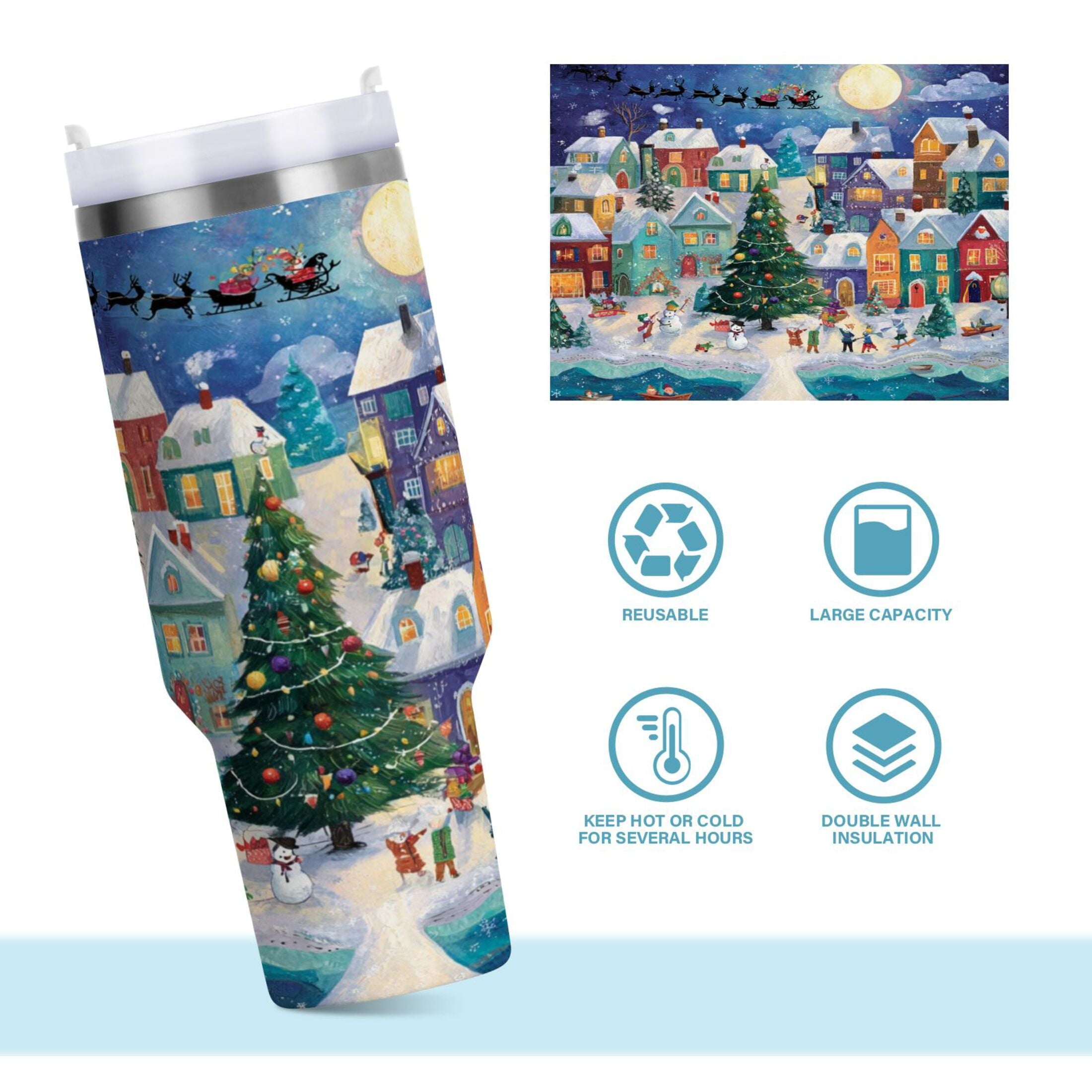 30 oz Insulated Stainless Steel Tumbler Double Wall Stainless Steel Tumbler with 2-Way Drinking Charming Christmas Scene M546F