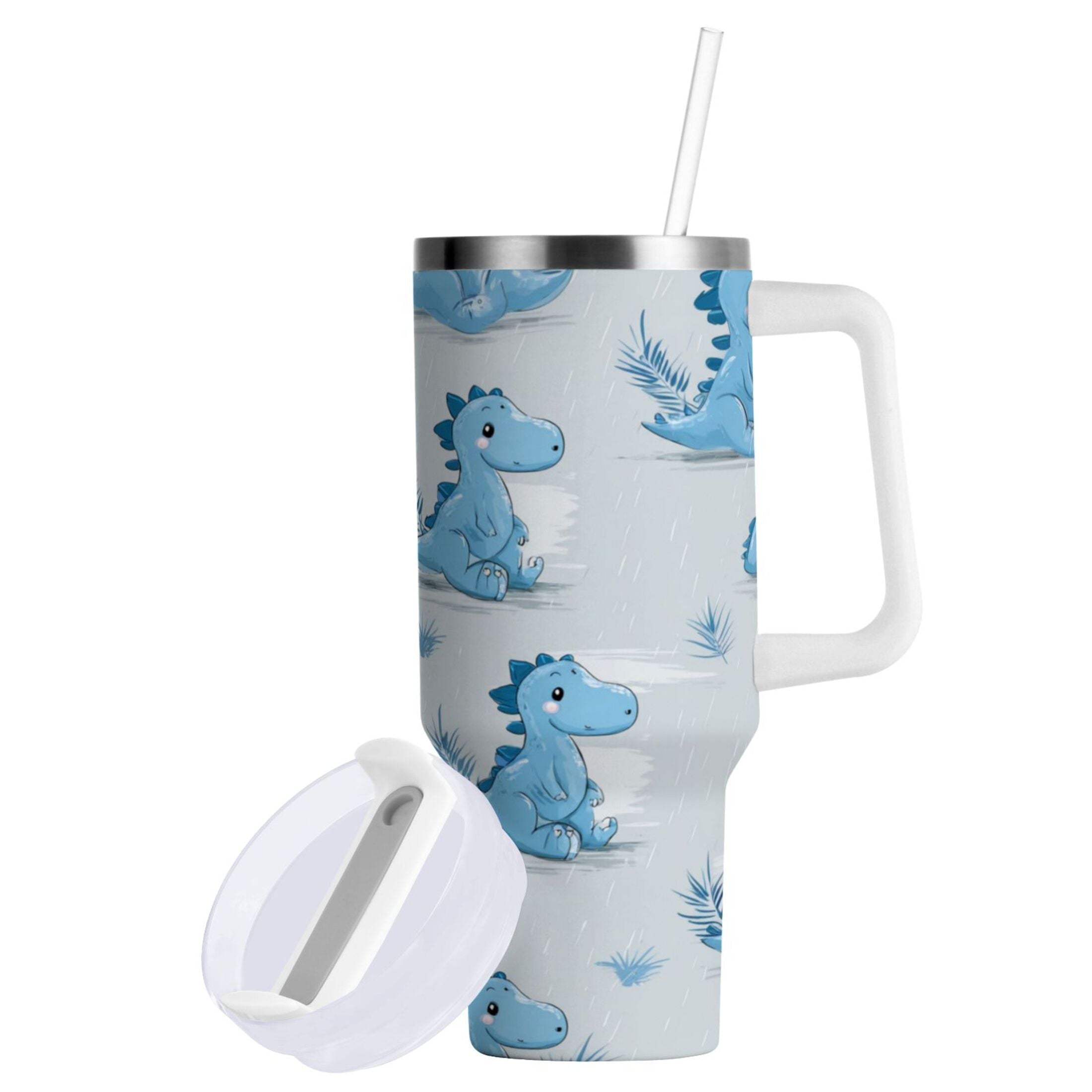 30 oz Insulated Stainless Steel Tumbler Double Wall Stainless Steel Tumbler with 2-Way Drinking Cartoon Blue Dinosaurs M495P