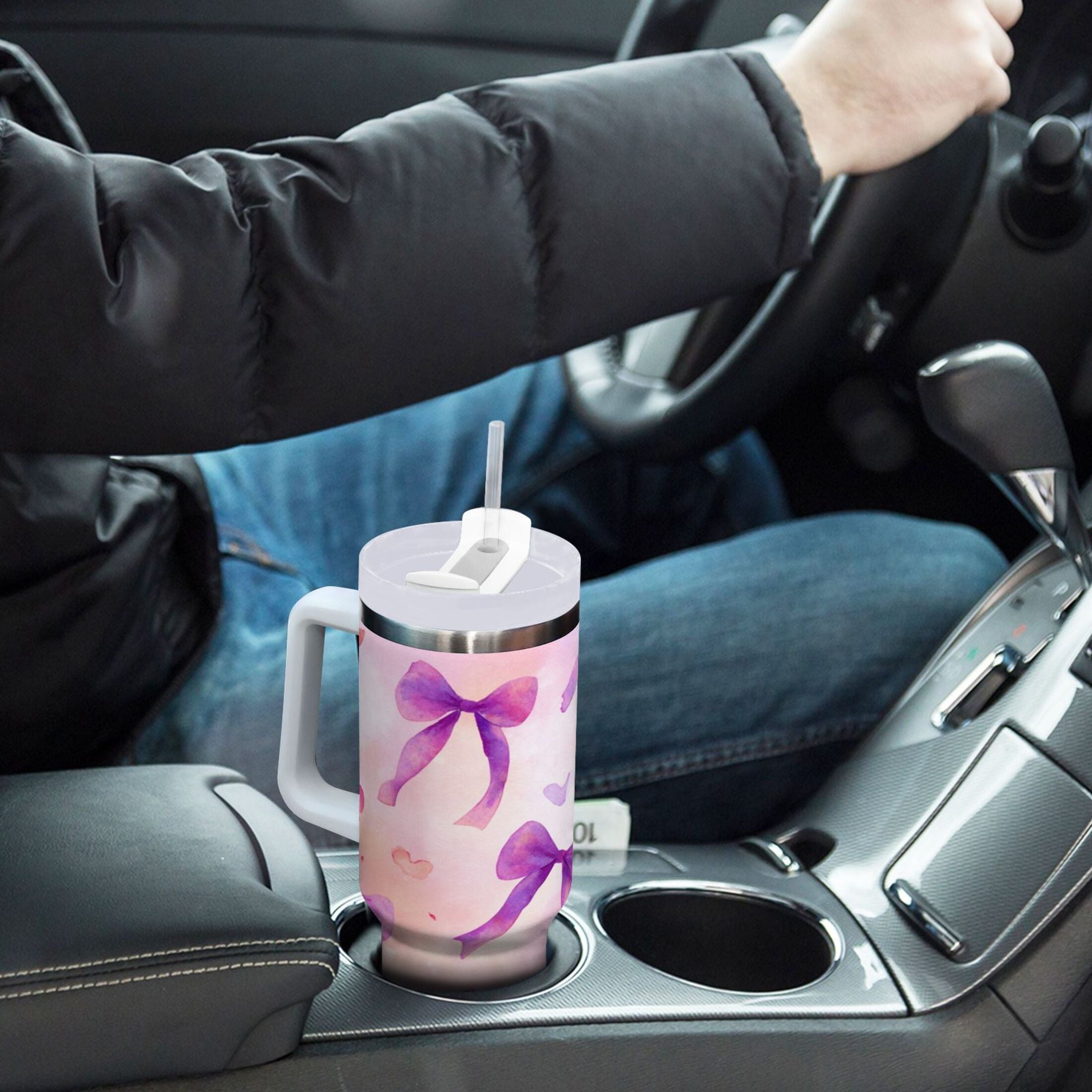 30 oz Insulated Stainless Steel Tumbler Double Wall Stainless Steel Tumbler with 2-Way Drinking Watercolor Purple Bows M591J