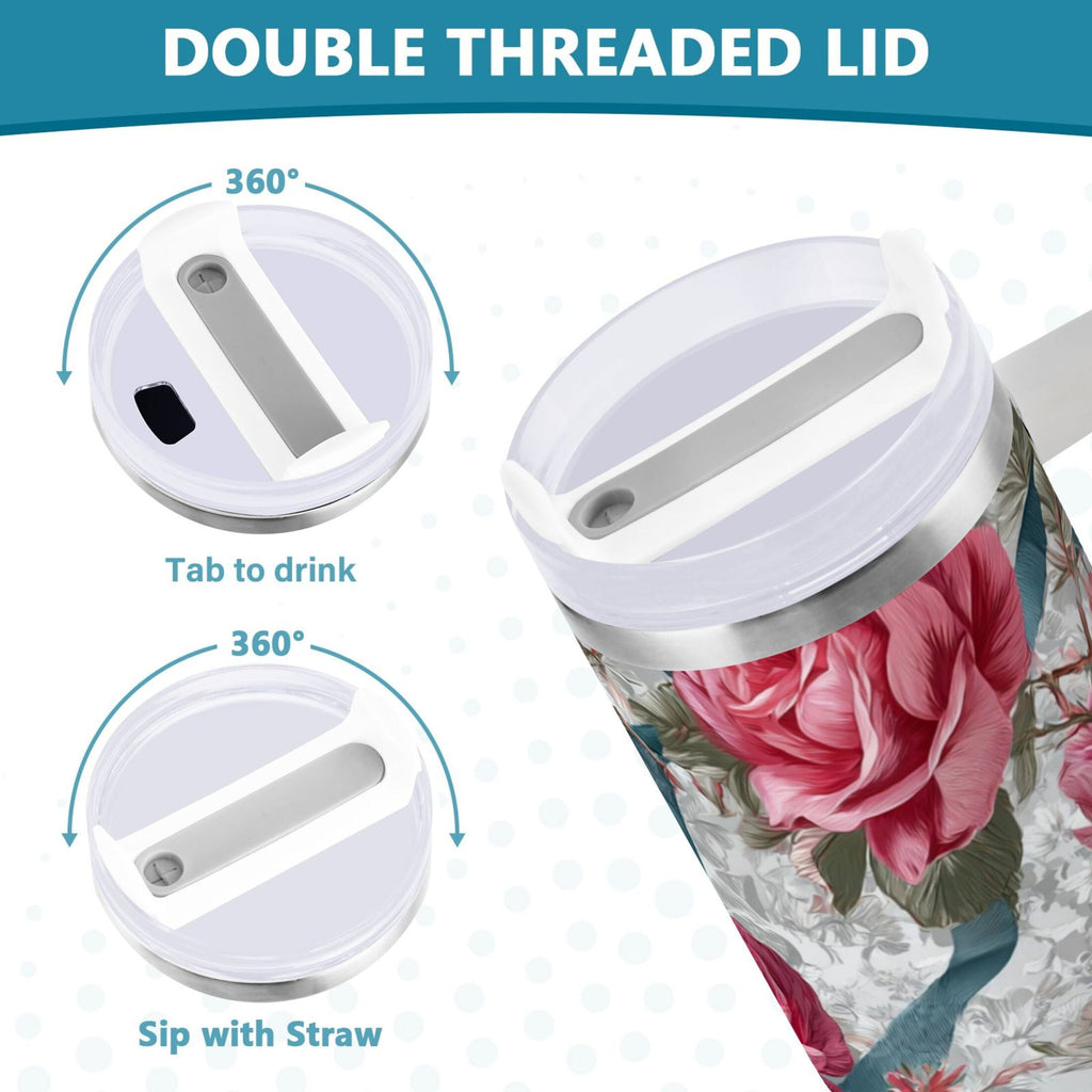 30 oz Insulated Stainless Steel Tumbler Double Wall Stainless Steel Tumbler with 2-Way Drinking Roses and Ribbons M675U