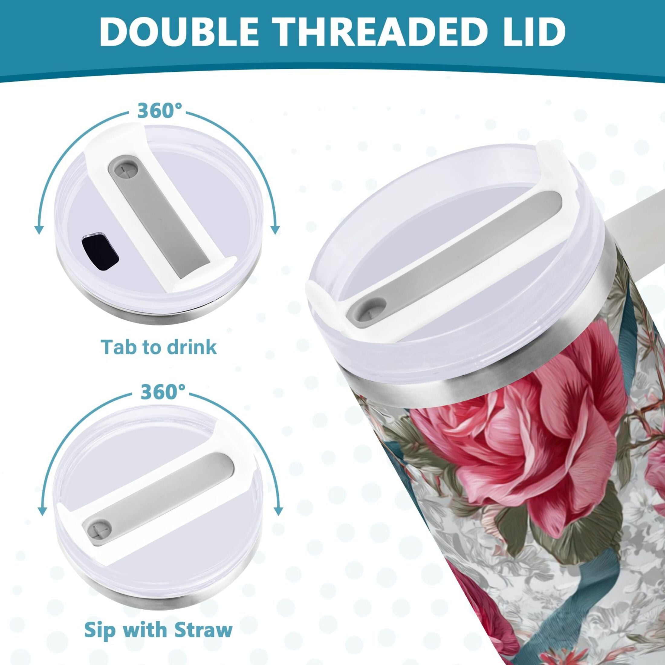 30 oz Insulated Stainless Steel Tumbler Double Wall Stainless Steel Tumbler with 2-Way Drinking Roses and Ribbons M675U