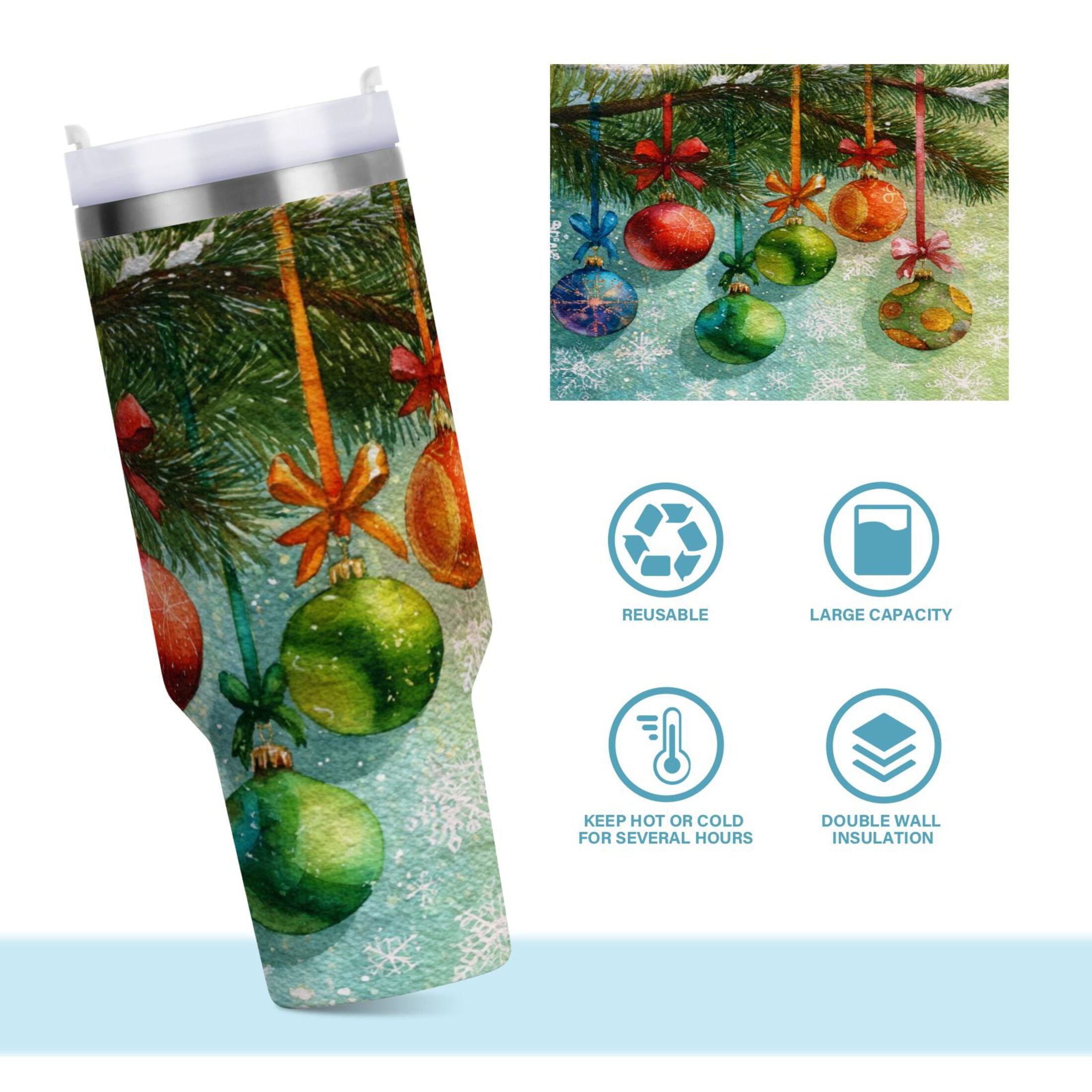 30 oz Insulated Stainless Steel Tumbler Double Wall Stainless Steel Tumbler with 2-Way Drinking Christmas Ornaments Watercolor Painting M639P
