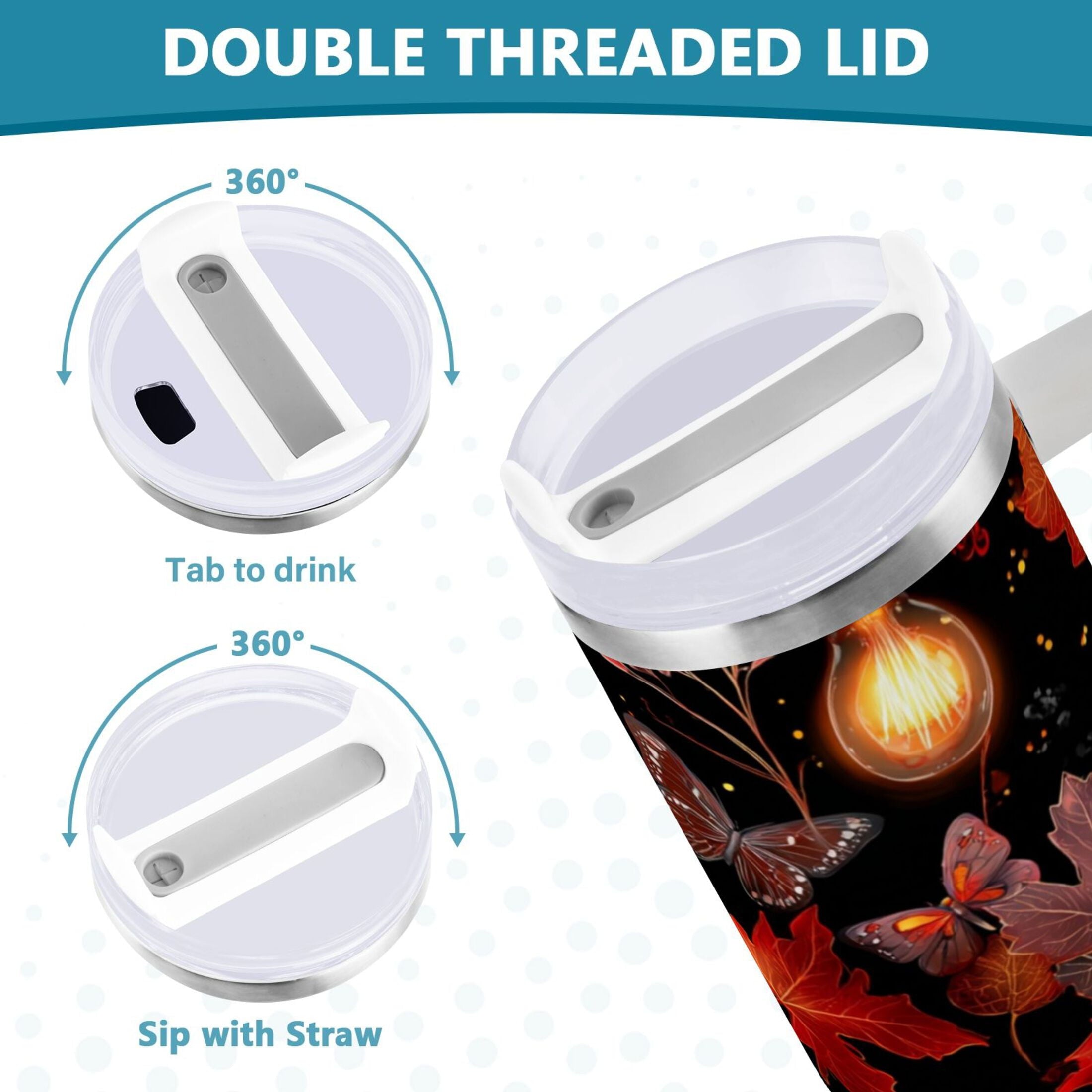 40 oz Insulated Stainless Steel Tumbler Double Wall Stainless Steel Tumbler with 2-Way Drinking Light Bulbs and Maple Leaves M534J
