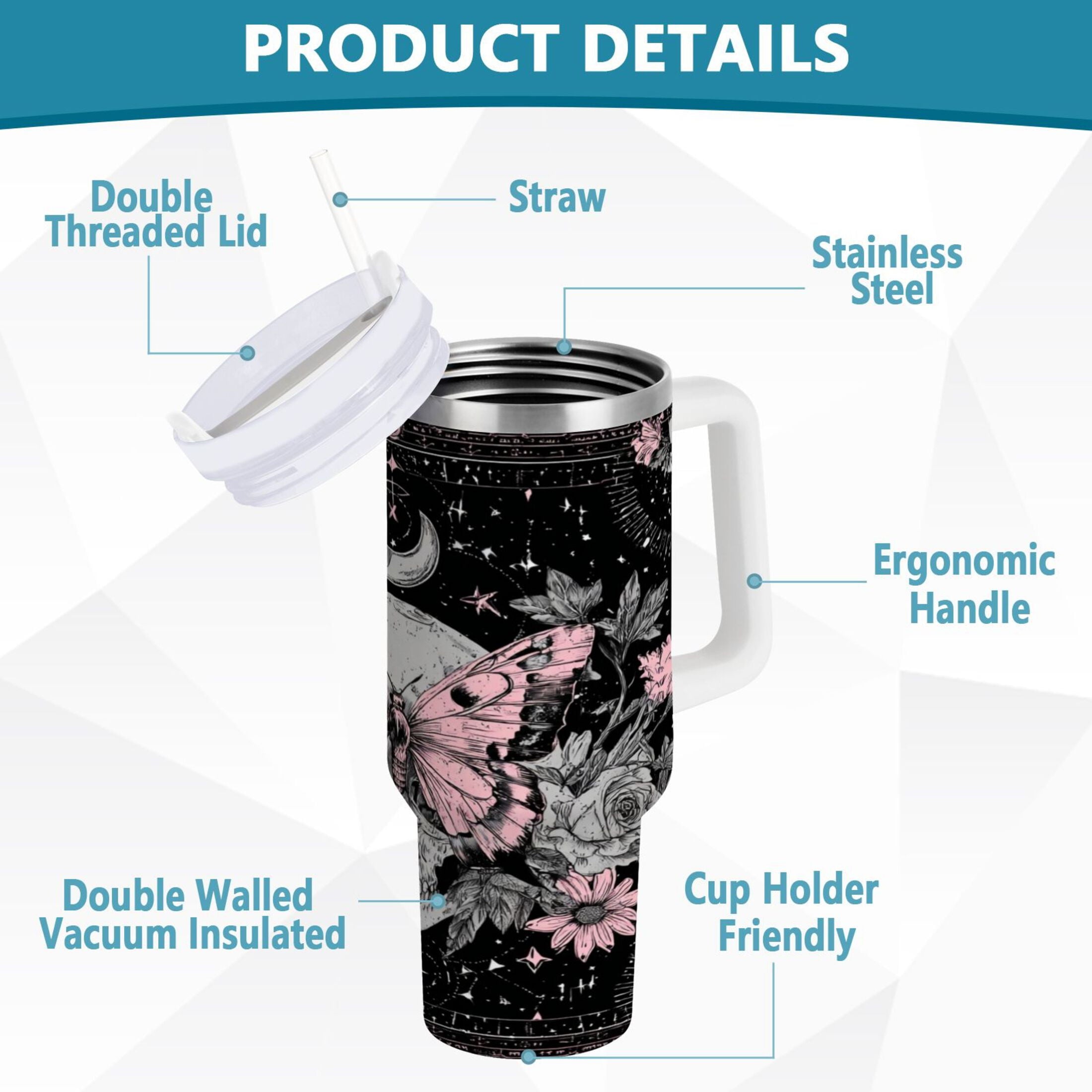 30 oz Insulated Stainless Steel Tumbler Double Wall Stainless Steel Tumbler with 2-Way Drinking Butterfly by Moon and Flowers M542U