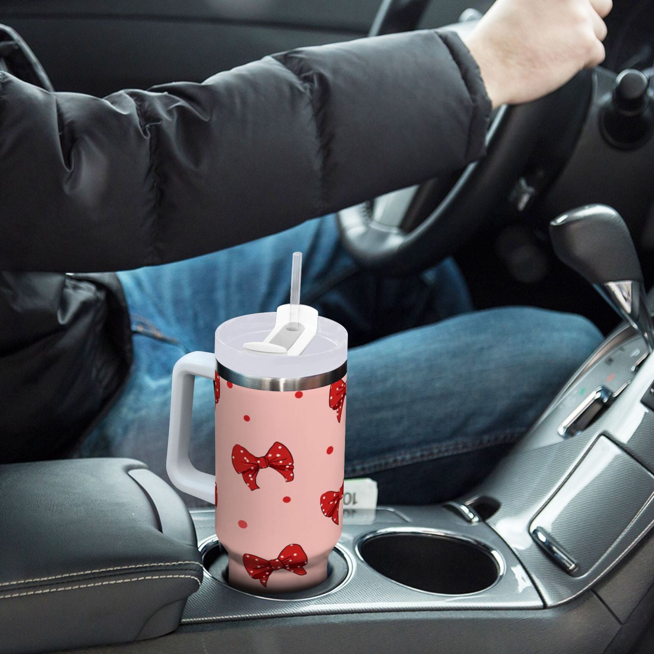 40 oz Insulated Stainless Steel Tumbler Double Wall Stainless Steel Tumbler with 2-Way Drinking Red Bows and Polka Dots M531W