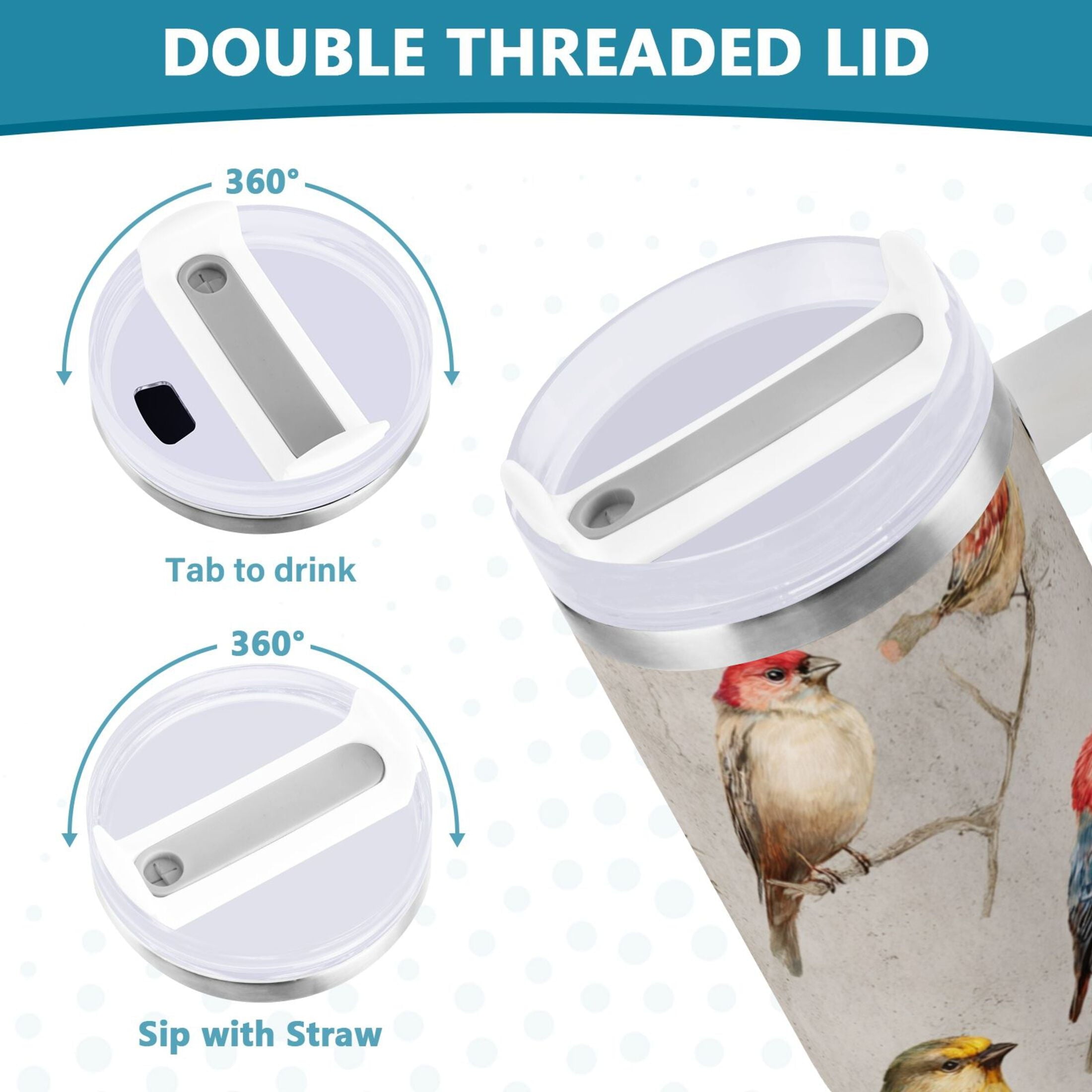40 oz Insulated Stainless Steel Tumbler Double Wall Stainless Steel Tumbler with 2-Way Drinking Birds Pattern M612W