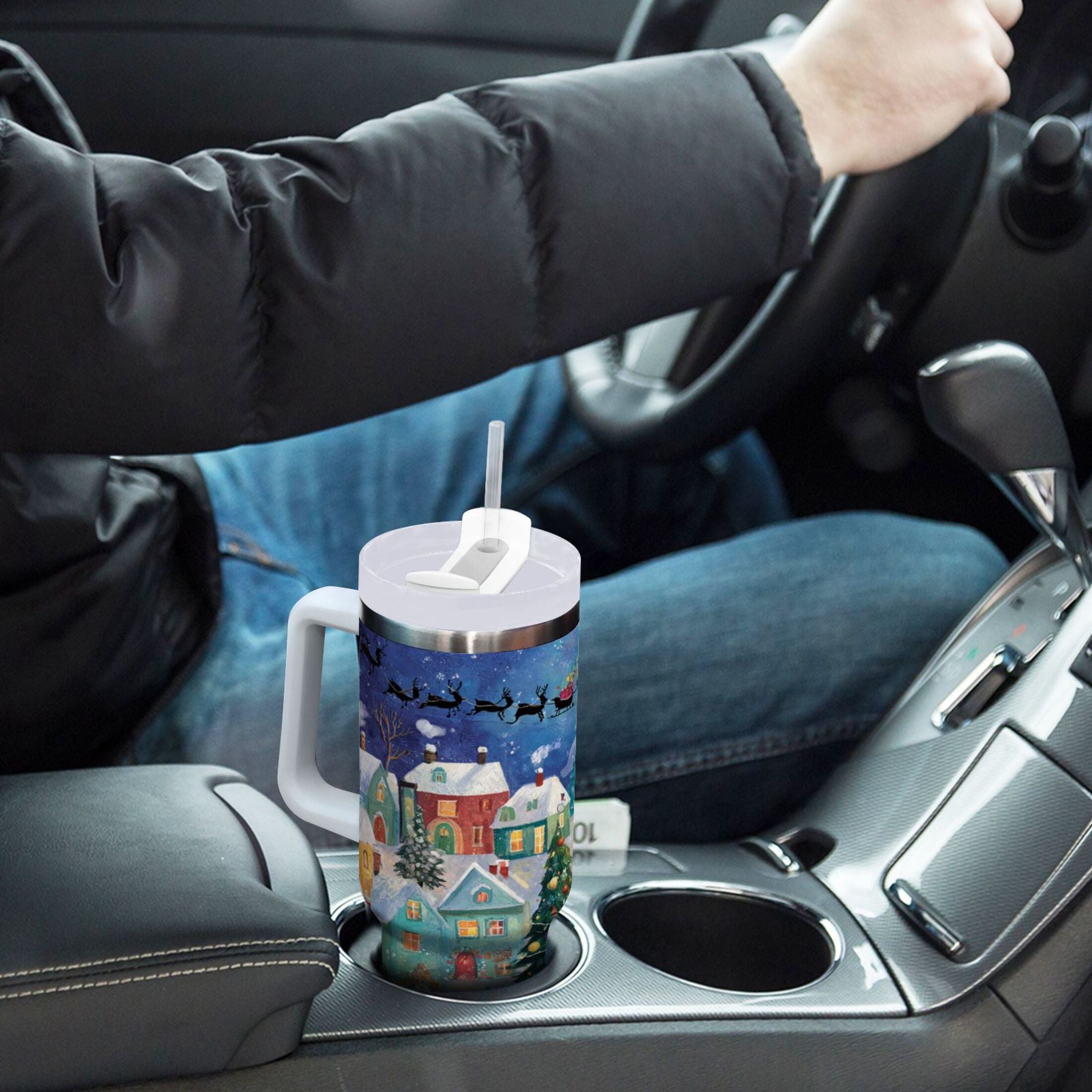 30 oz Insulated Stainless Steel Tumbler Double Wall Stainless Steel Tumbler with 2-Way Drinking Charming Christmas Scene M546F