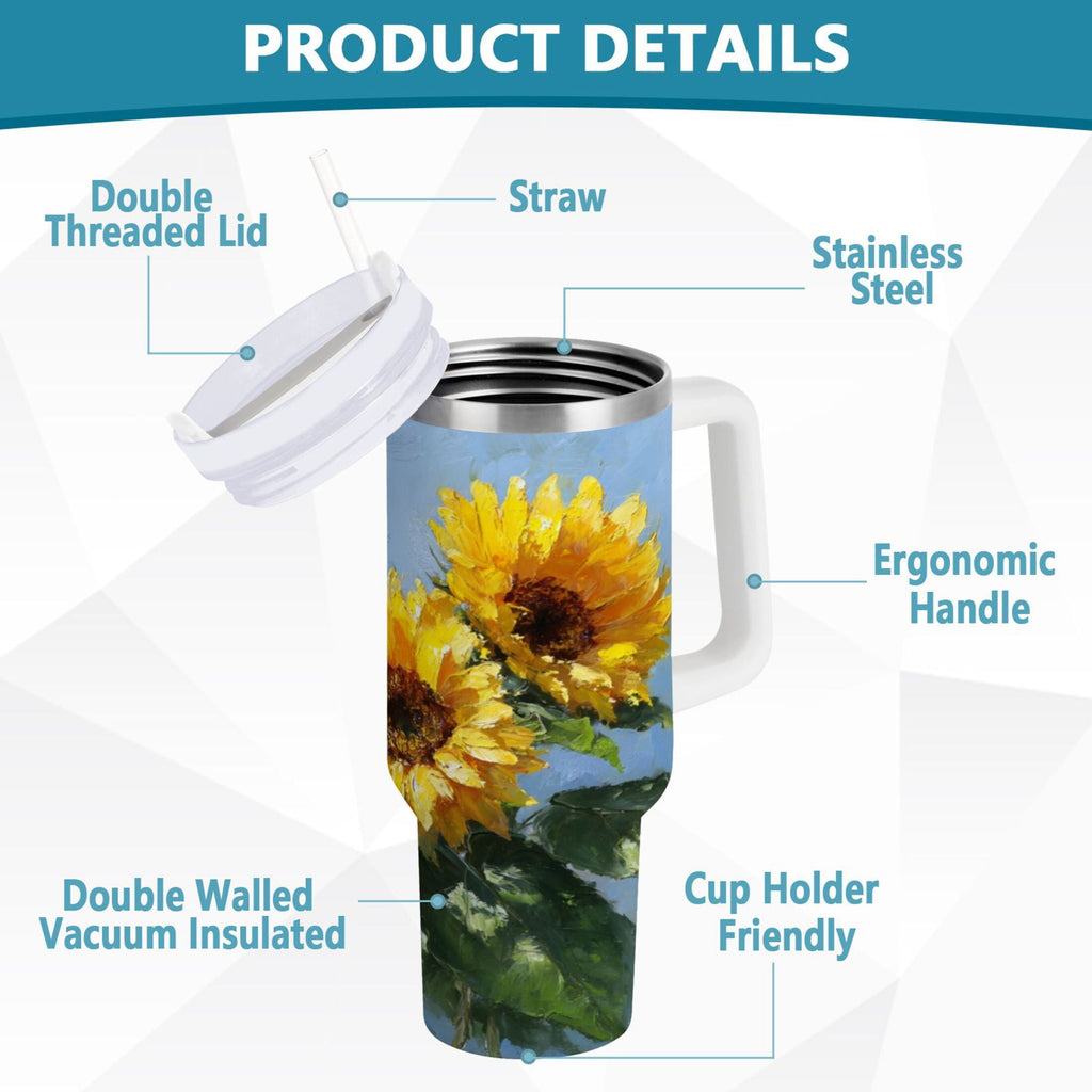40 oz Insulated Stainless Steel Tumbler Double Wall Stainless Steel Tumbler with 2-Way Drinking Sunflowers Painting M611F