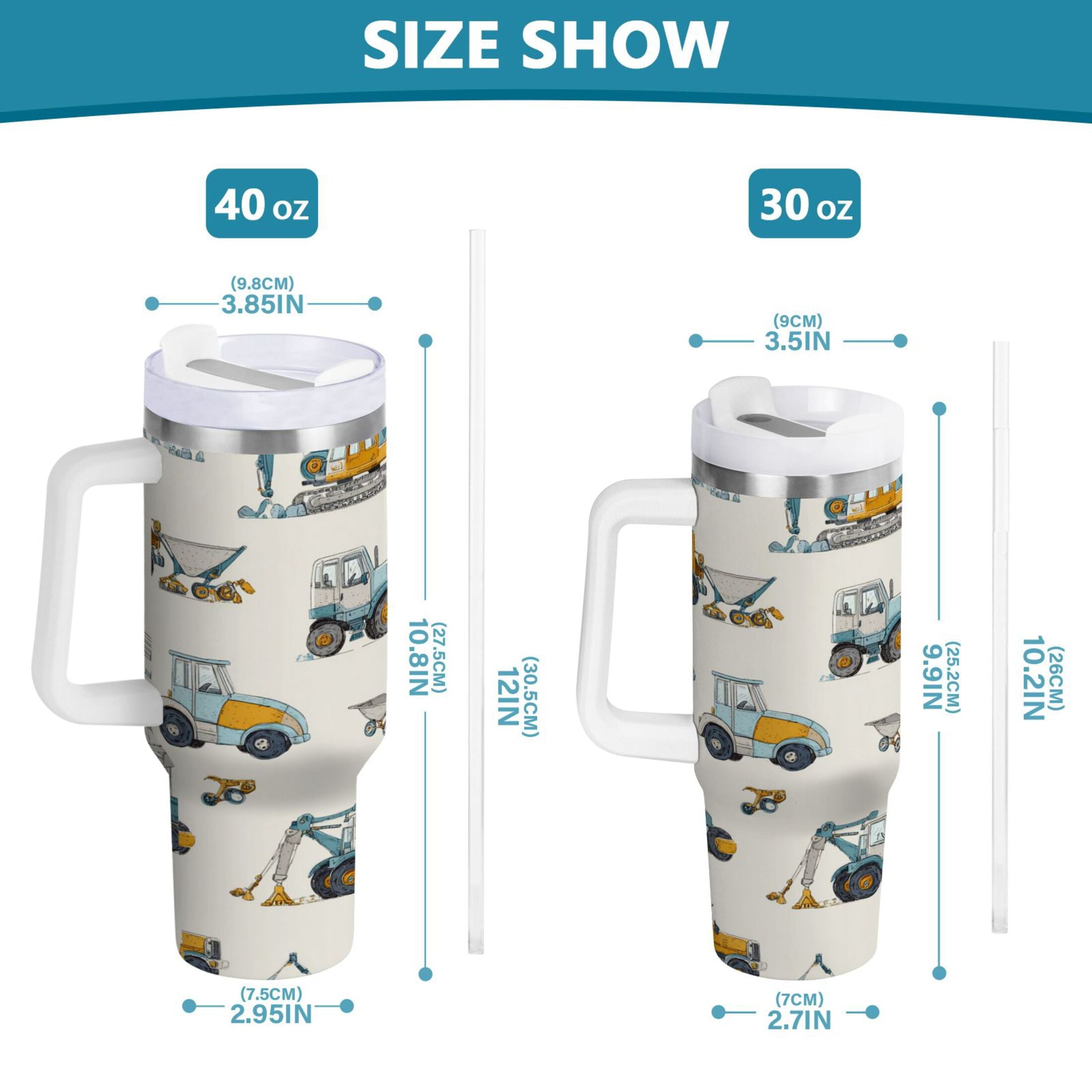 30 oz Insulated Stainless Steel Tumbler Double Wall Stainless Steel Tumbler with 2-Way Drinking Engineering Vehicle Pattern M653U