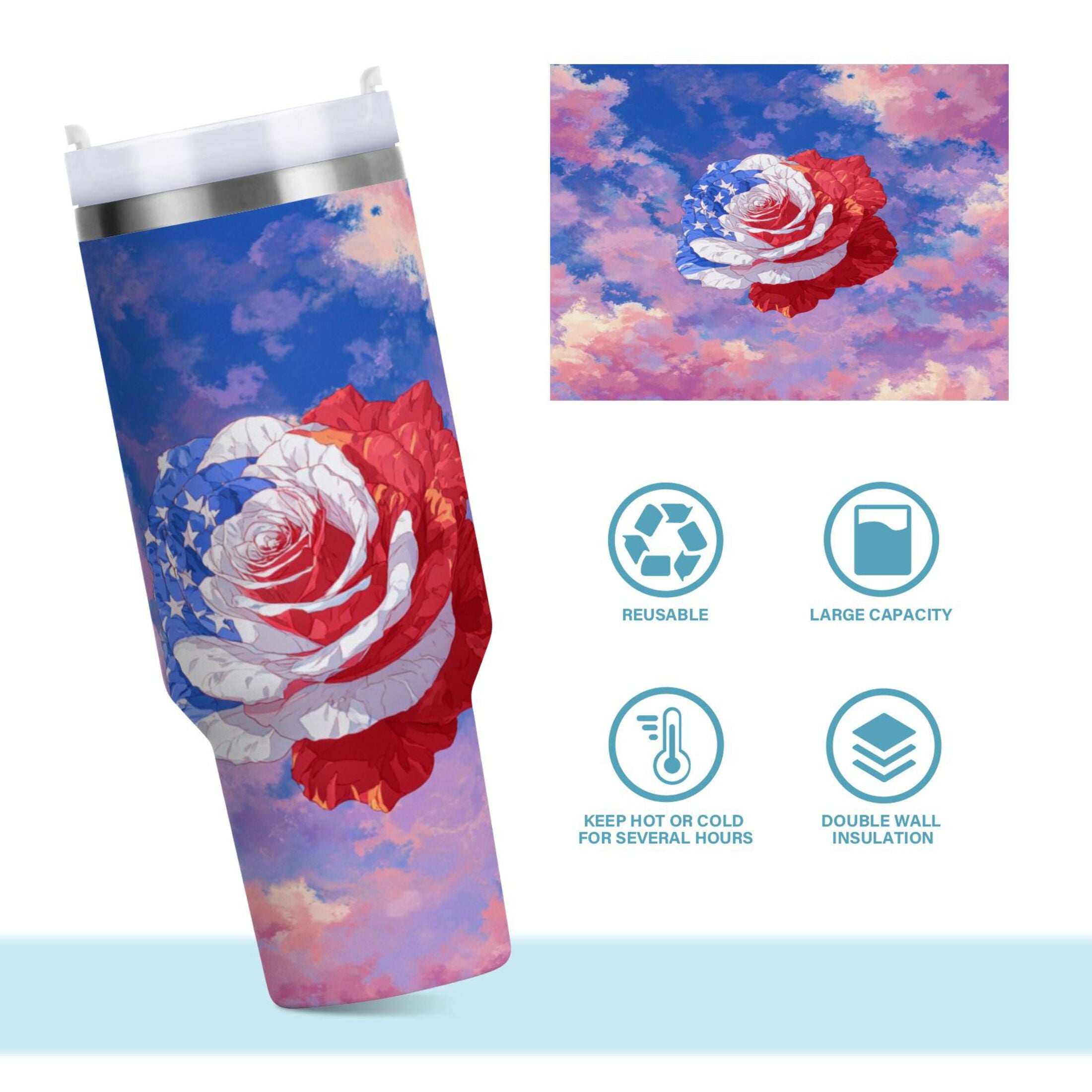 30 oz Insulated Stainless Steel Tumbler Double Wall Stainless Steel Tumbler with 2-Way Drinking Rose with Flag Pattern M547H