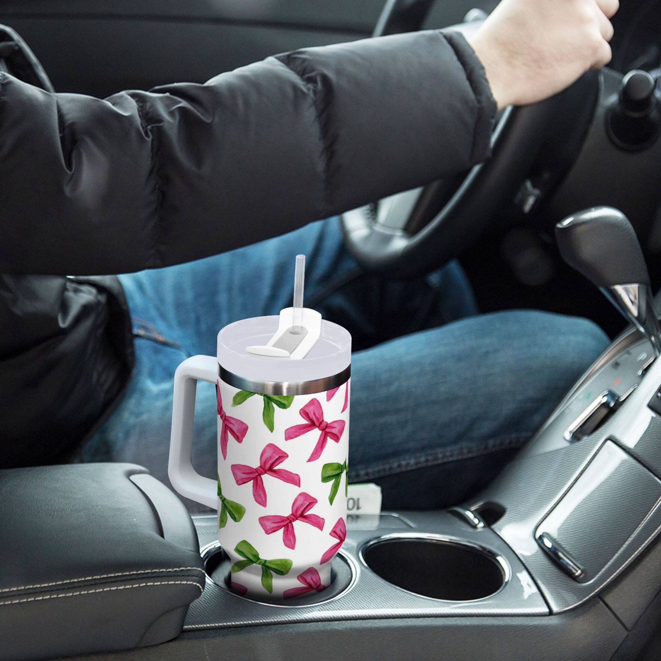 30 oz Insulated Stainless Steel Tumbler Double Wall Stainless Steel Tumbler with 2-Way Drinking Pink Bows and Green Ribbons M649U
