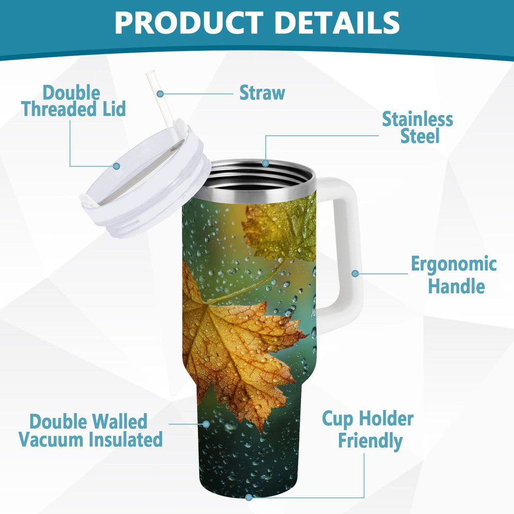 30 oz Insulated Stainless Steel Tumbler Double Wall Stainless Steel Tumbler with 2-Way Drinking Leaves with Water Droplets M500Q