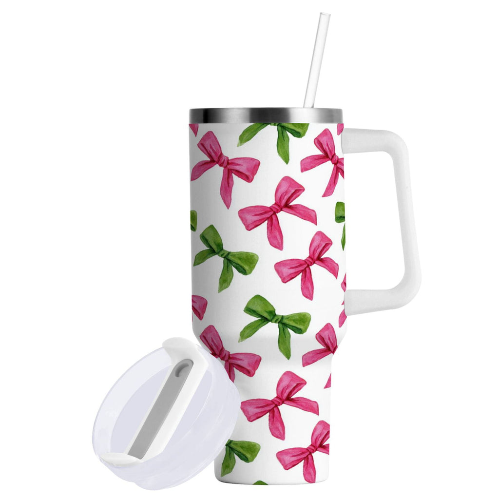 30 oz Insulated Stainless Steel Tumbler Double Wall Stainless Steel Tumbler with 2-Way Drinking Pink Bows and Green Ribbons M649U