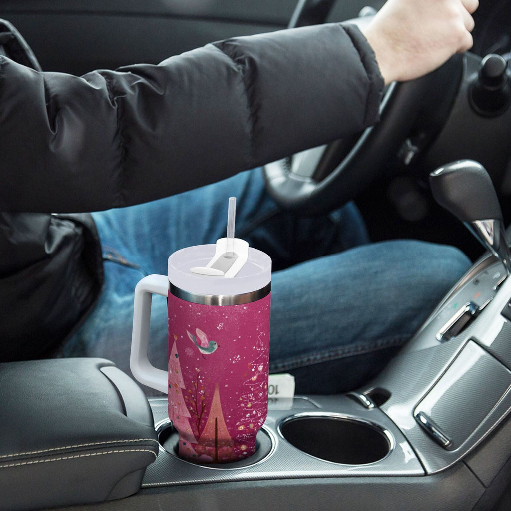 40 oz Insulated Stainless Steel Tumbler Double Wall Stainless Steel Tumbler with 2-Way Drinking Pink Christmas Forest M512A