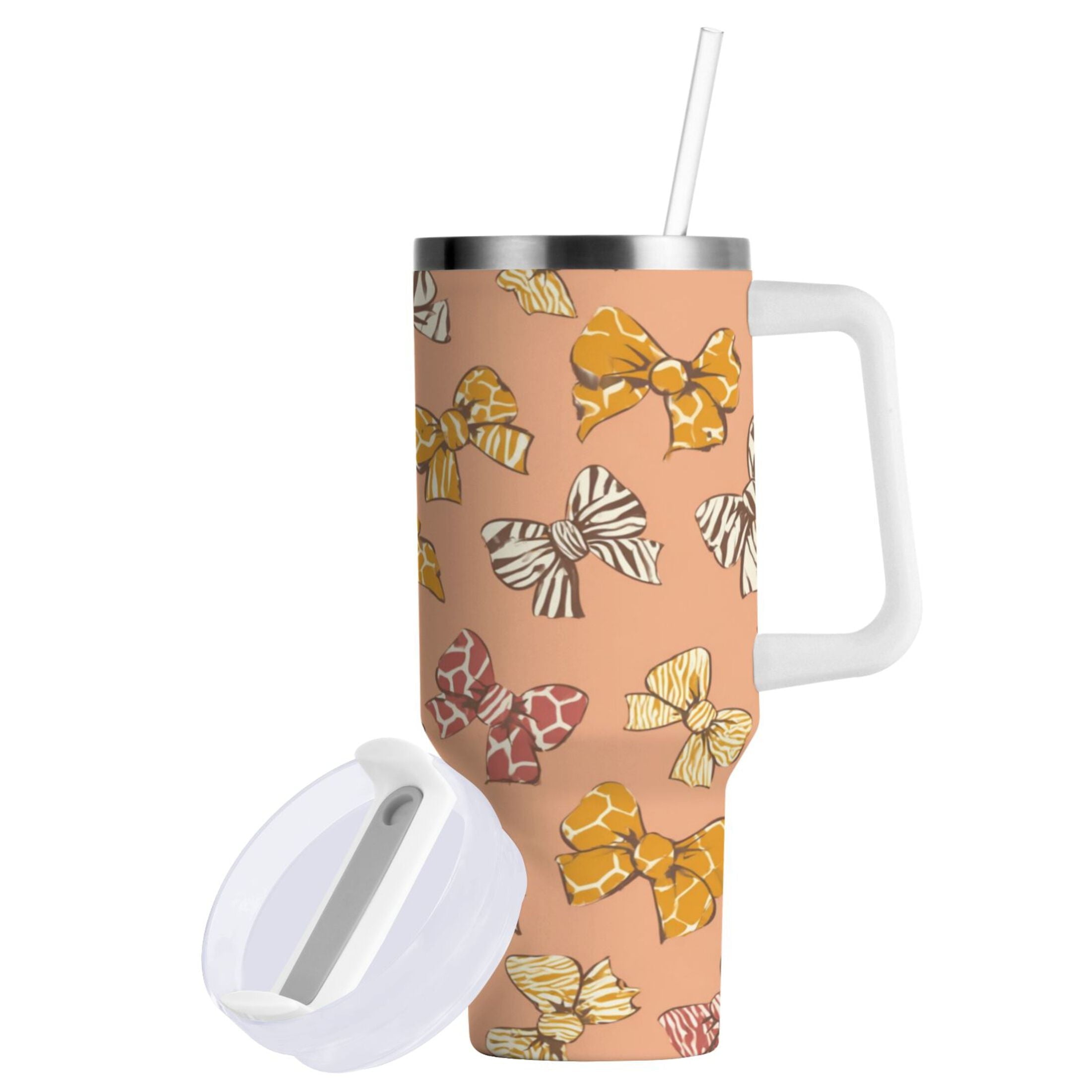 40 oz Insulated Stainless Steel Tumbler Double Wall Stainless Steel Tumbler with 2-Way Drinking Cute Animal Print Bows M678A