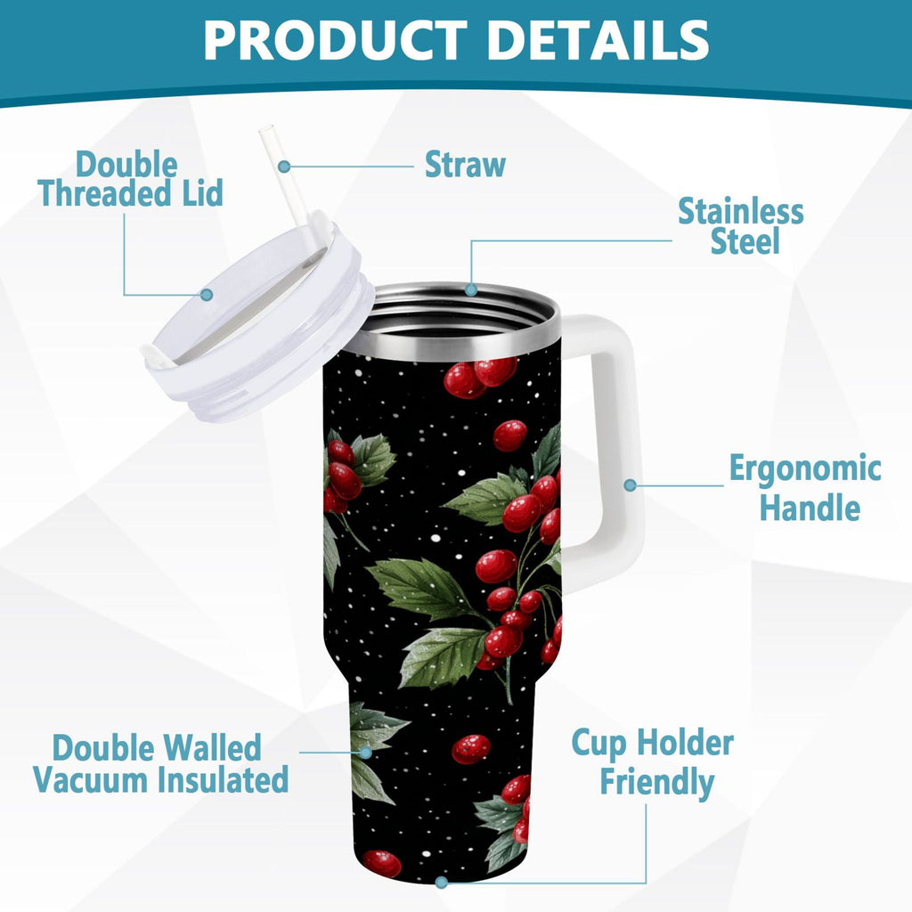 40 oz Insulated Stainless Steel Tumbler Double Wall Stainless Steel Tumbler with 2-Way Drinking Red Holly Berries Pattern M652L