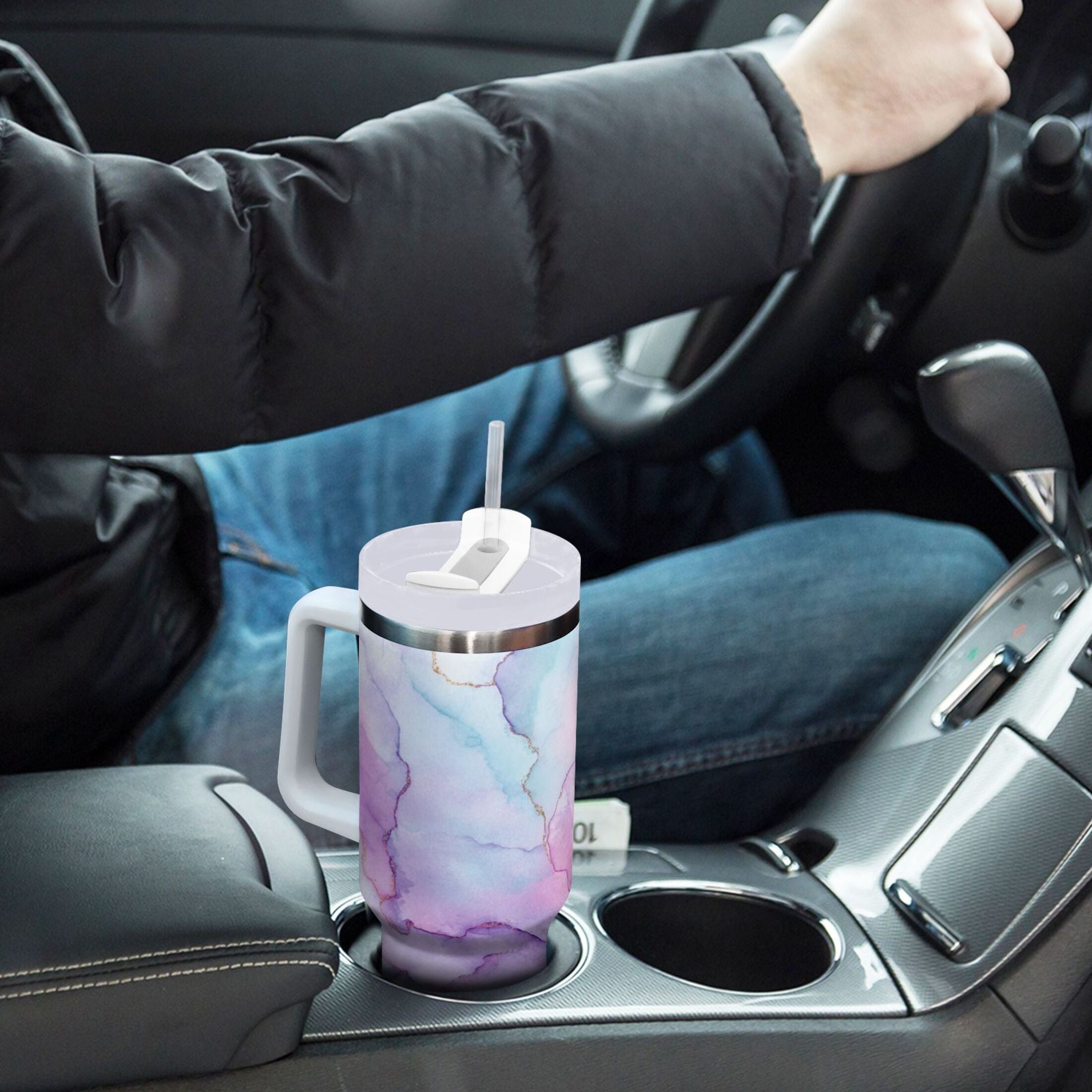 30 oz Insulated Stainless Steel Tumbler Double Wall Stainless Steel Tumbler with 2-Way Drinking Pastel Pink Marble Texture M614C