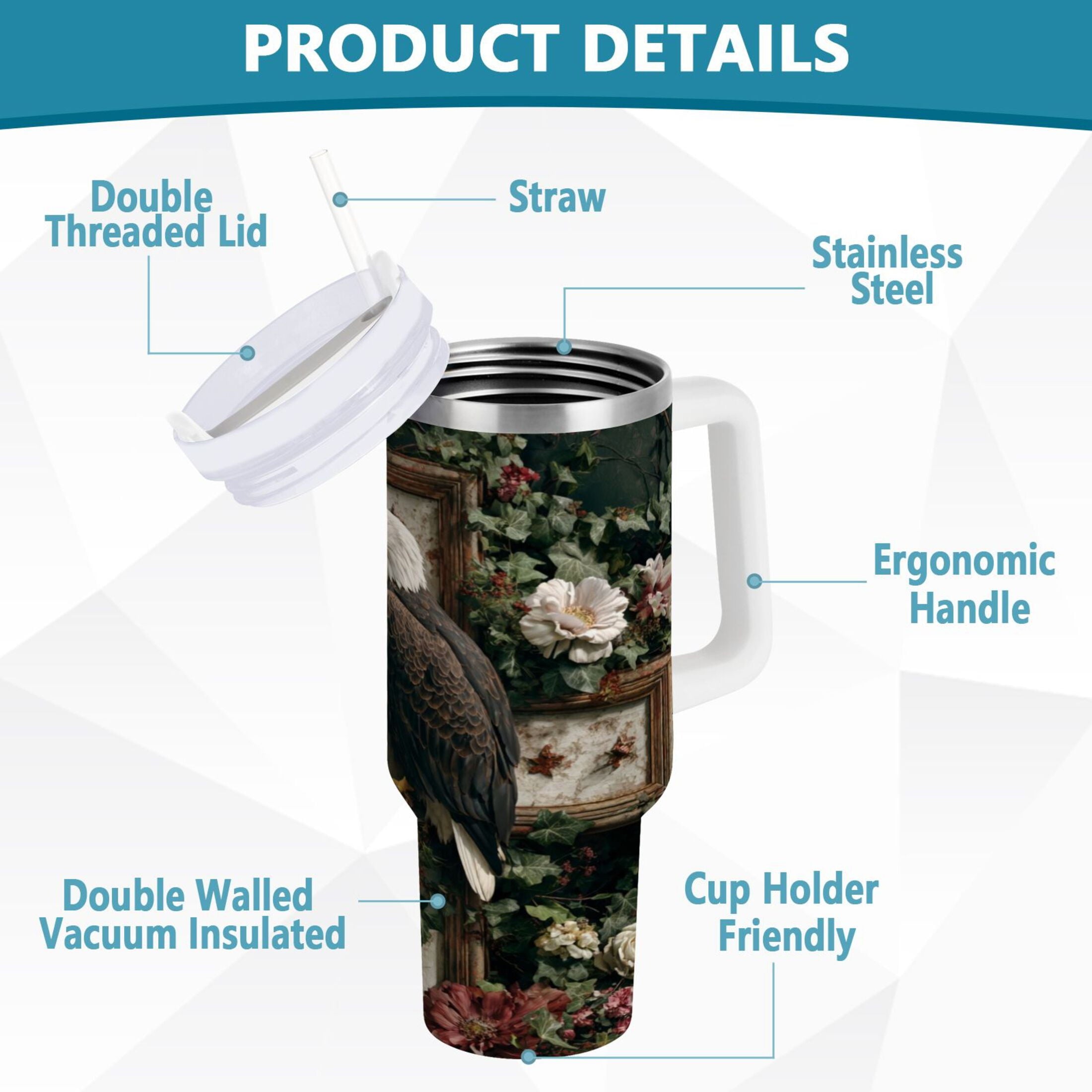 30 oz Insulated Stainless Steel Tumbler Double Wall Stainless Steel Tumbler with 2-Way Drinking Wreath and Bald Eagle M668B