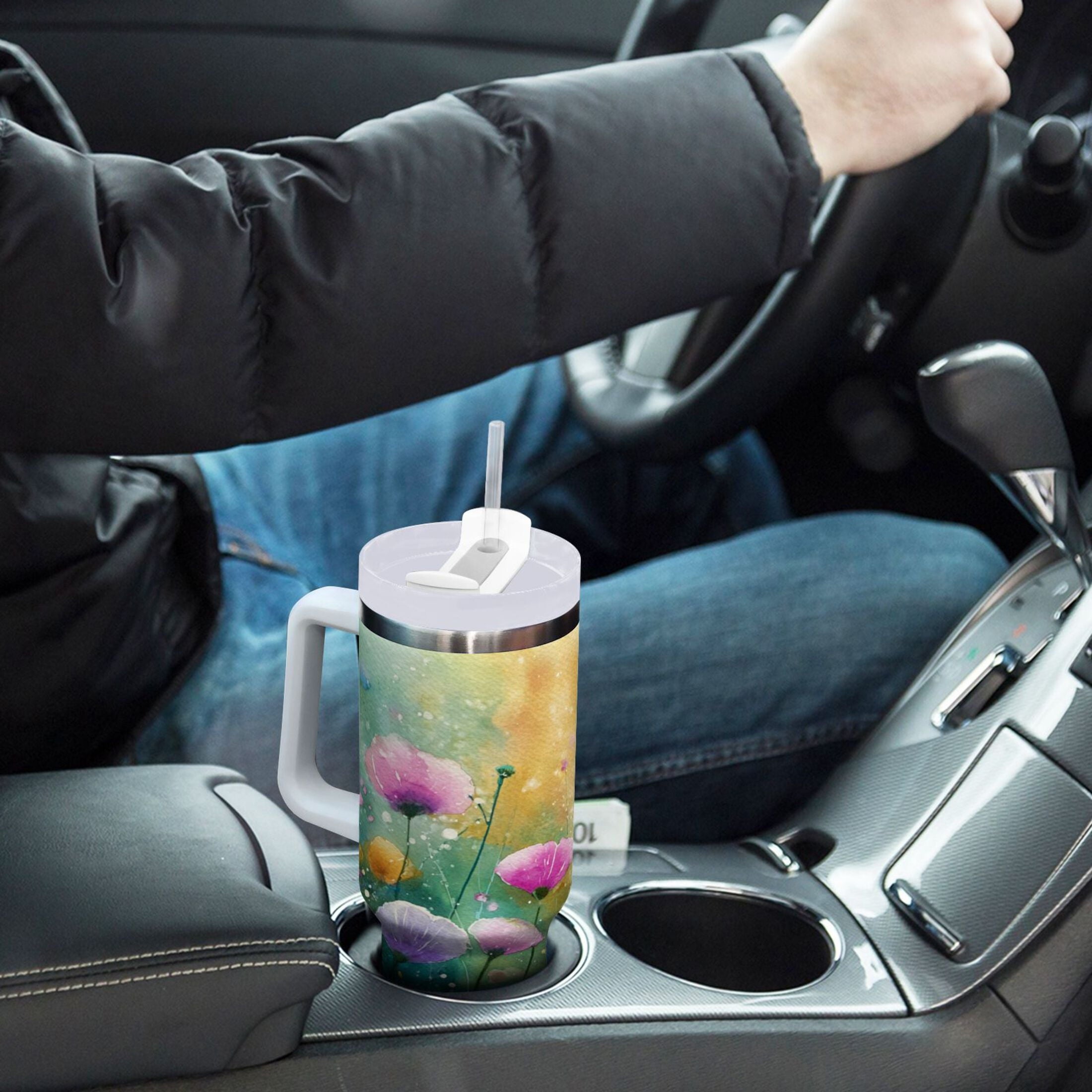 30 oz Insulated Stainless Steel Tumbler Double Wall Stainless Steel Tumbler with 2-Way Drinking Watercolor Wildflowers M563C