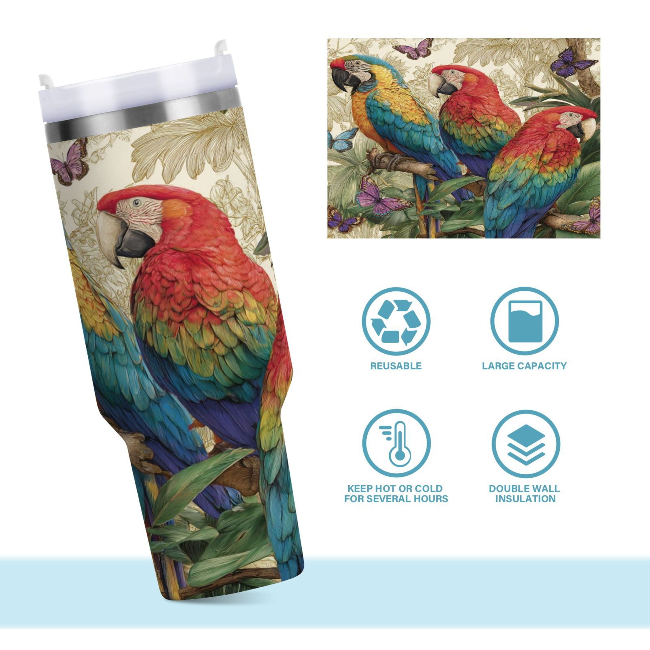 30 oz Insulated Stainless Steel Tumbler Double Wall Stainless Steel Tumbler with 2-Way Drinking Colorful Beautiful Parrots M520V