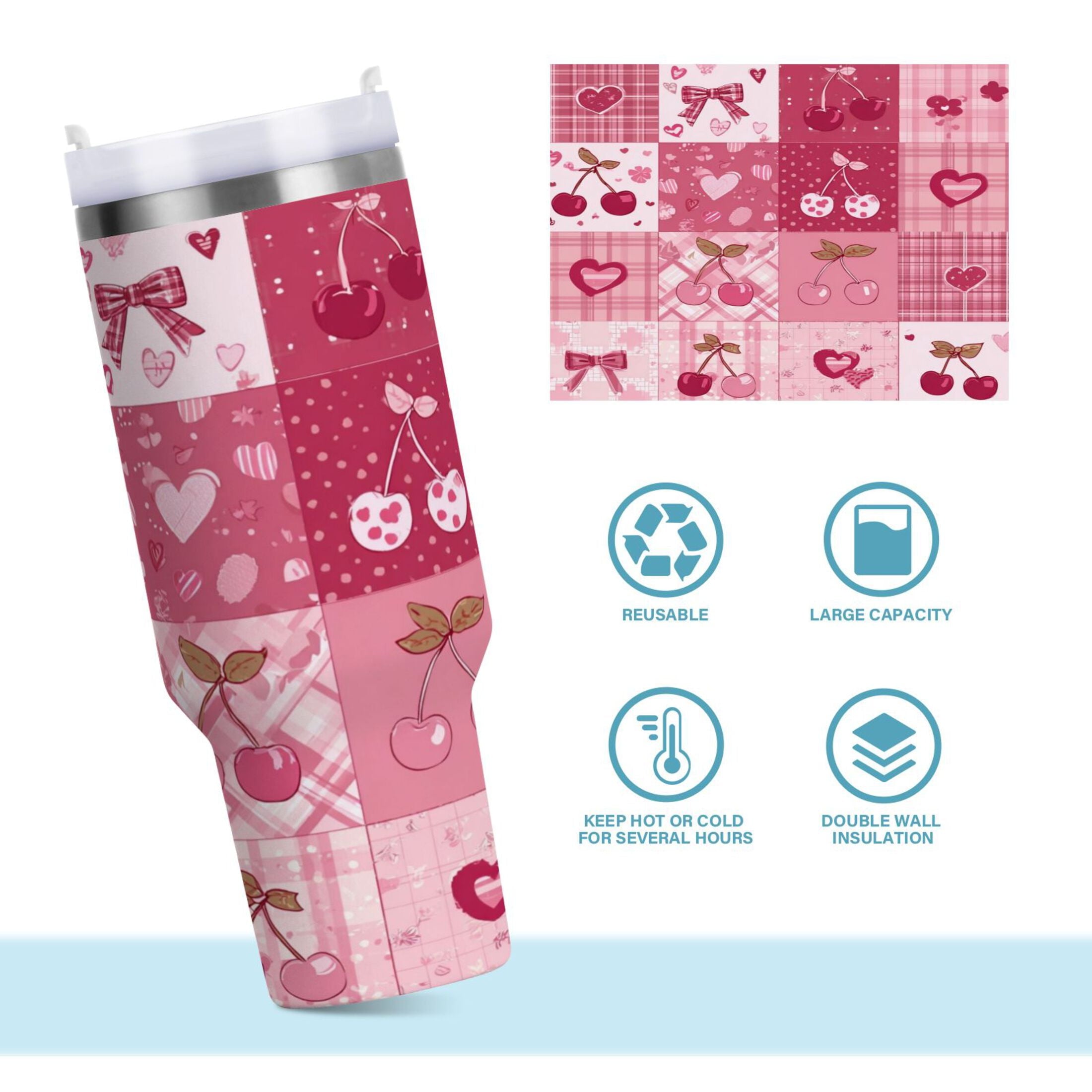 30 oz Insulated Stainless Steel Tumbler Double Wall Stainless Steel Tumbler with 2-Way Drinking Cherry Pattern with Bows M634P
