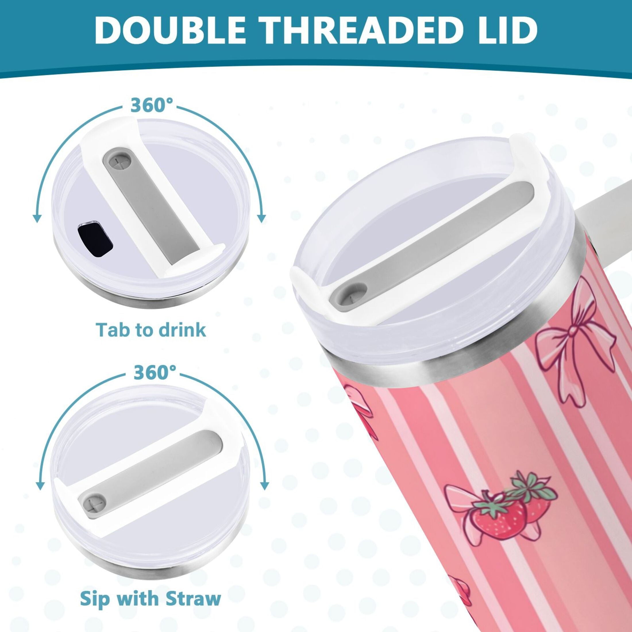 30 oz Insulated Stainless Steel Tumbler Double Wall Stainless Steel Tumbler with 2-Way Drinking Pink Bows and Strawberries M628B