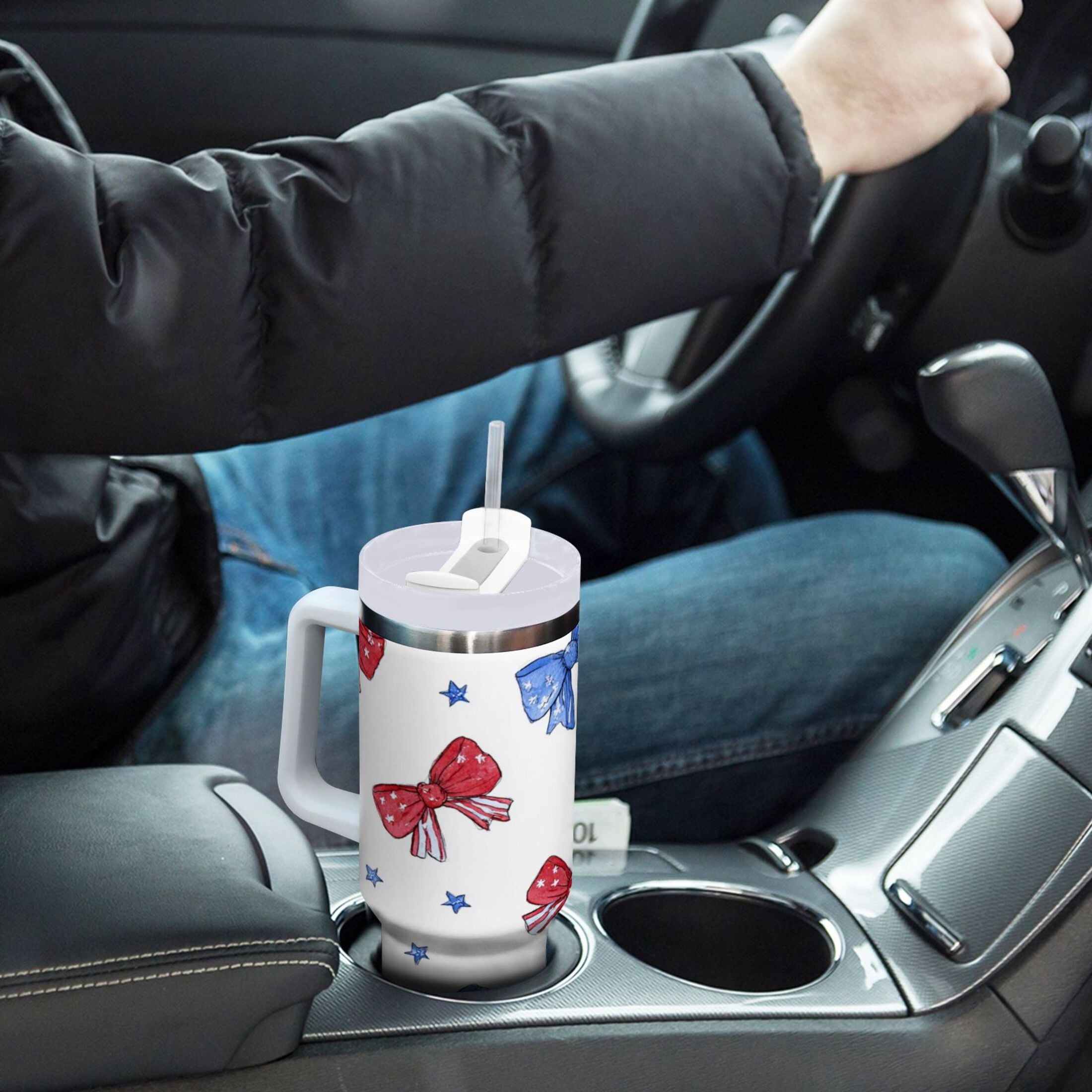 40 oz Insulated Stainless Steel Tumbler Double Wall Stainless Steel Tumbler with 2-Way Drinking Hand-drawn Bows M587T