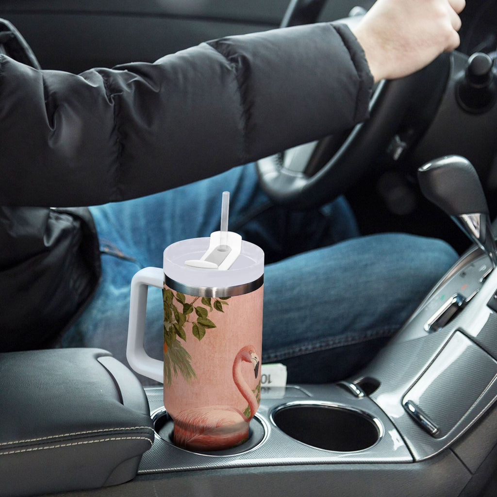 40 oz Insulated Stainless Steel Tumbler Double Wall Stainless Steel Tumbler with 2-Way Drinking Flamingos in Tropical Garden M666F