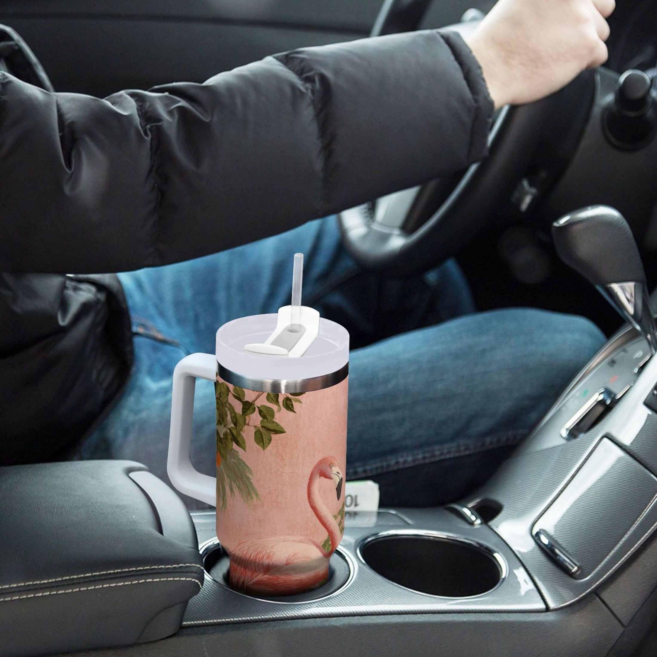 40 oz Insulated Stainless Steel Tumbler Double Wall Stainless Steel Tumbler with 2-Way Drinking Flamingos in Tropical Garden M666F