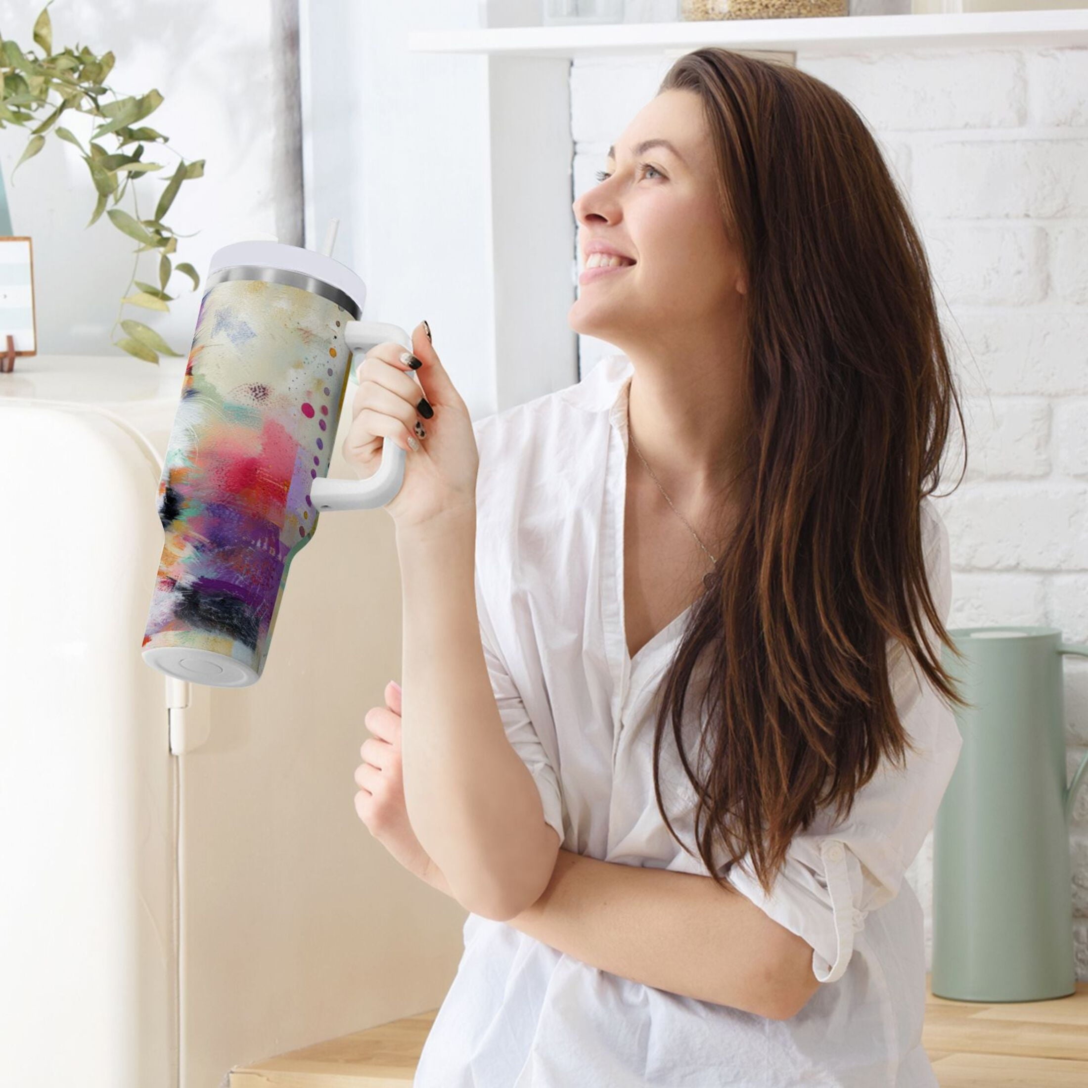 30 oz Insulated Stainless Steel Tumbler Double Wall Stainless Steel Tumbler with 2-Way Drinking Charming Hairy Cat M672B
