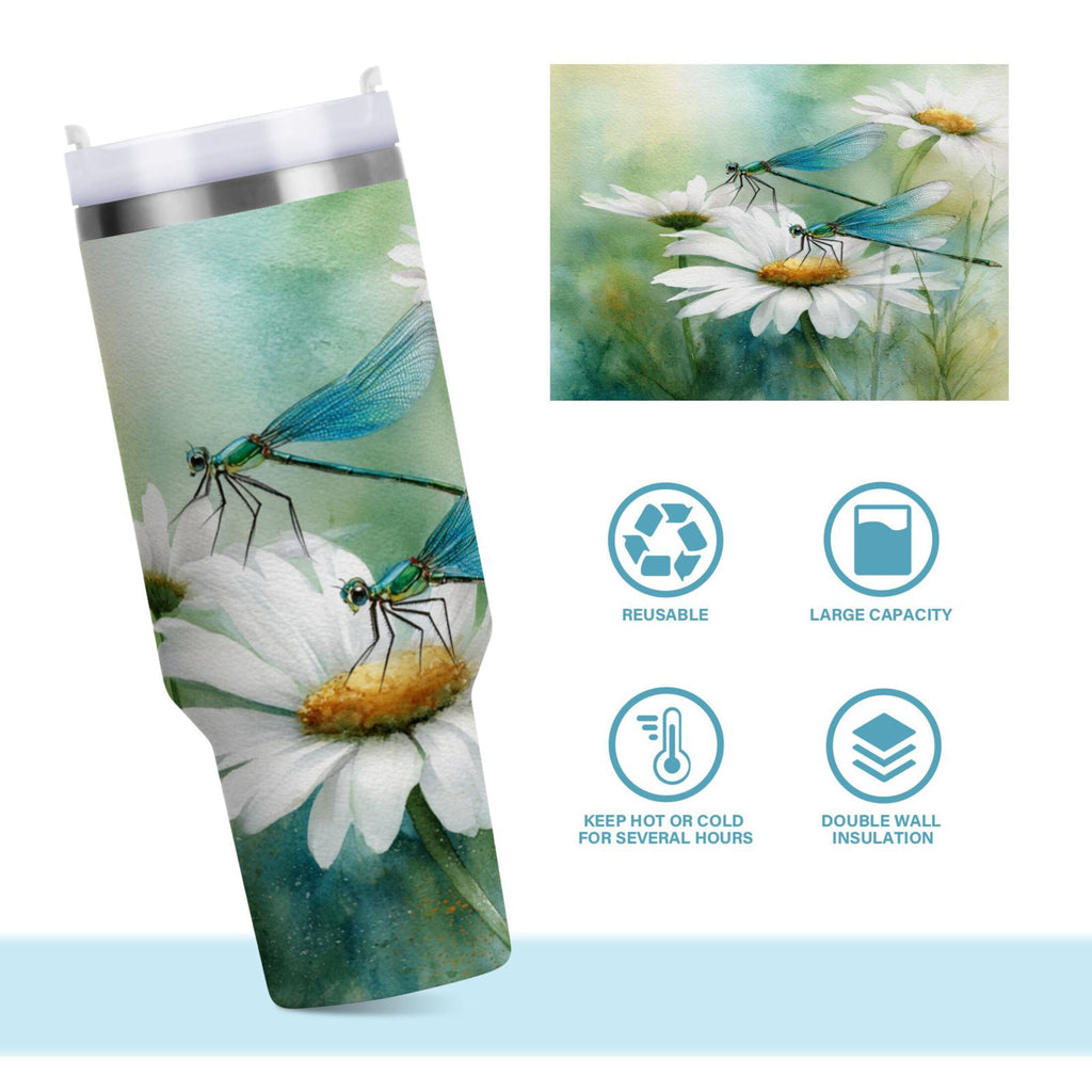 30 oz Insulated Stainless Steel Tumbler Double Wall Stainless Steel Tumbler with 2-Way Drinking Beautiful Dragonflies and Daisies M638D