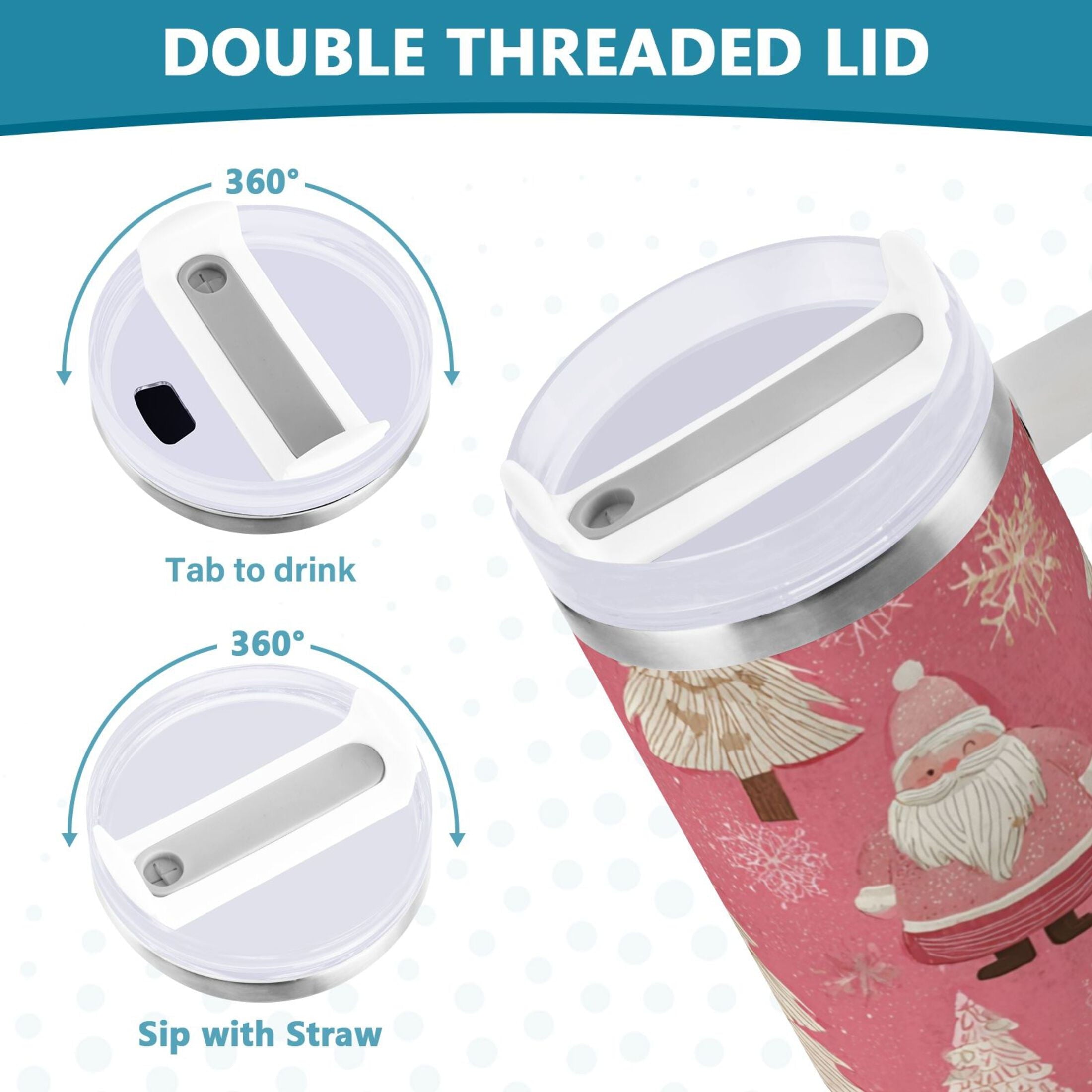 40 oz Insulated Stainless Steel Tumbler Double Wall Stainless Steel Tumbler with 2-Way Drinking Pink Santa Claus Pattern M527N