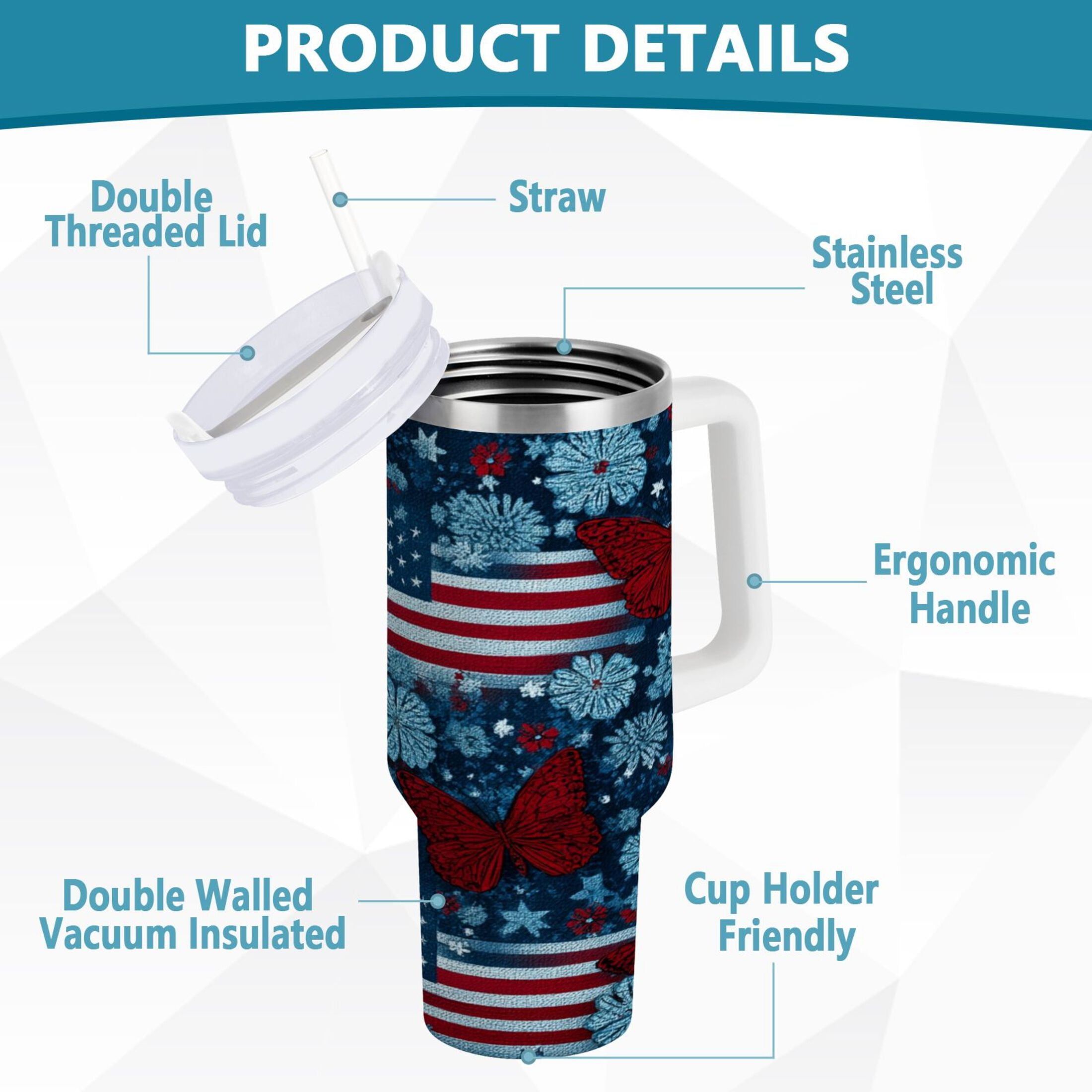 30 oz Insulated Stainless Steel Tumbler Double Wall Stainless Steel Tumbler with 2-Way Drinking Red Butterflies and Flags M621U