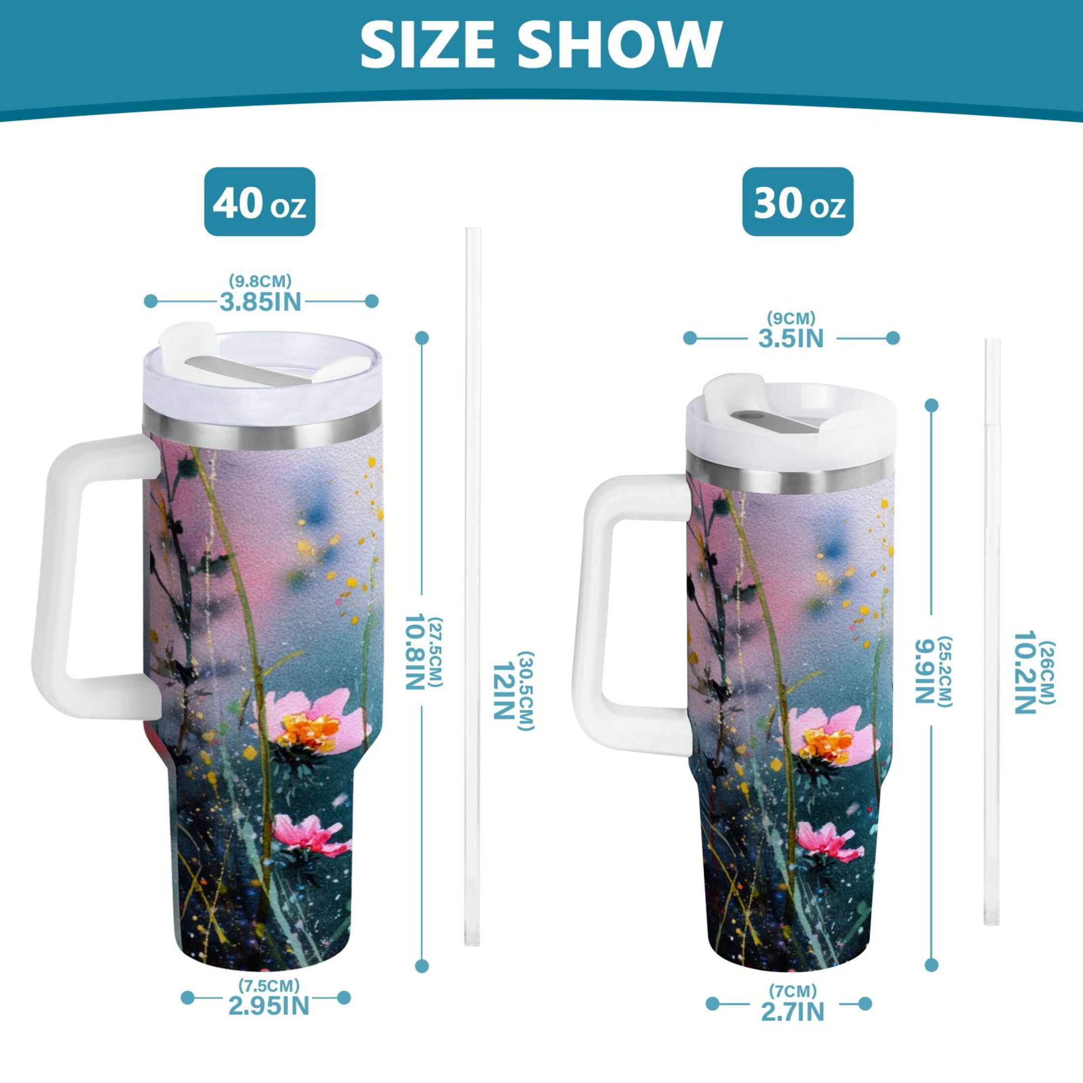 40 oz Insulated Stainless Steel Tumbler Double Wall Stainless Steel Tumbler with 2-Way Drinking Abstract Wildflowers M504D