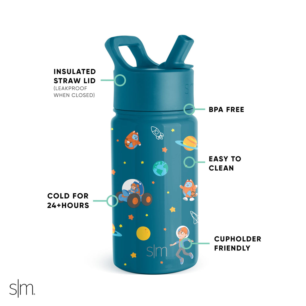 Simple Modern Blippi Kids Water Bottle with Straw Lid | Insulated Stainless Steel Reusable Tumbler for Toddlers, Girls | Summit Collection | 14oz, Blippi Space M689Y